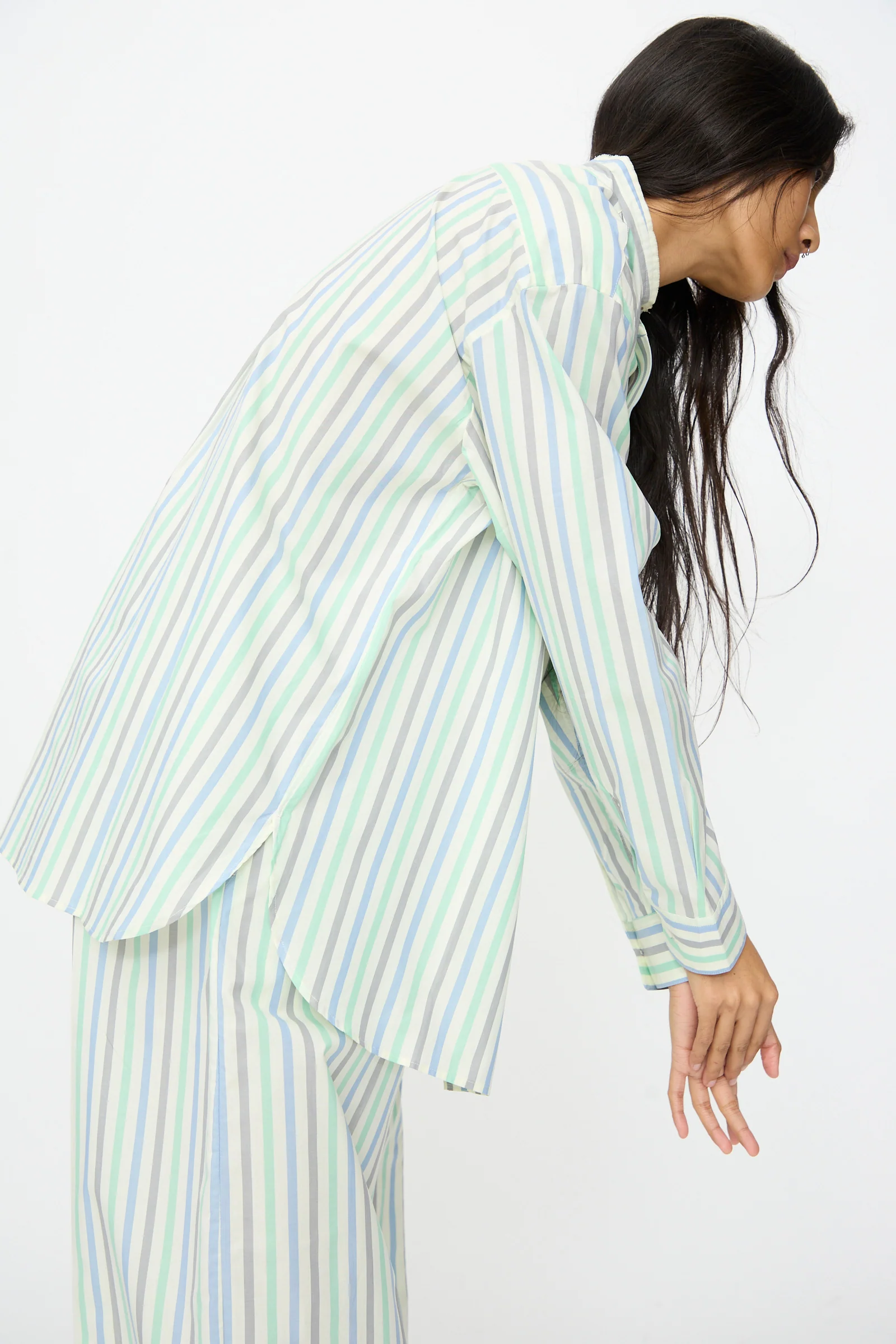Handmade Fringed Mao Collar Shirt in Striped Pastel Green - Image 5