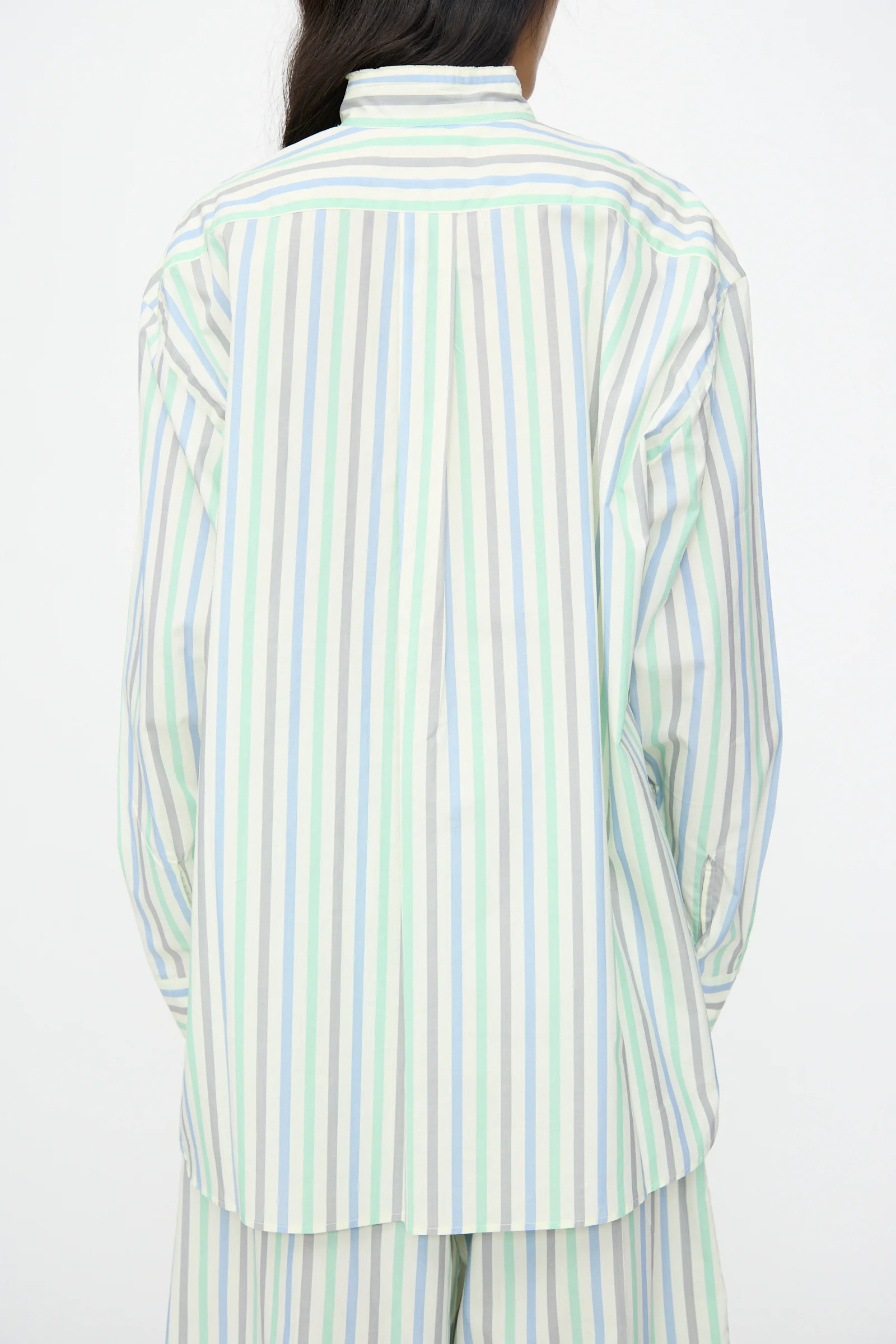 Handmade Fringed Mao Collar Shirt in Striped Pastel Green - Image 6