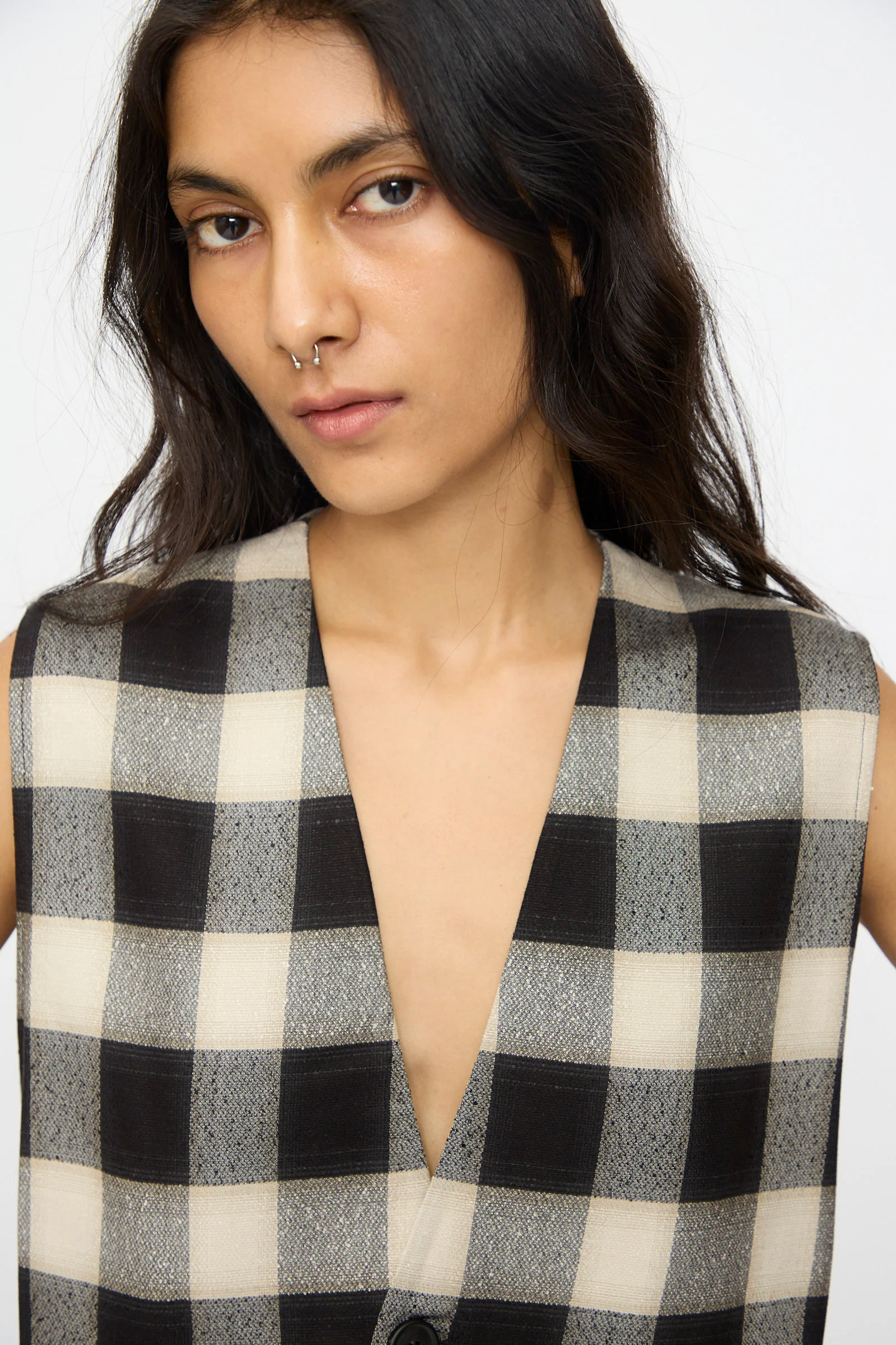 Button Down Vest in Black and Cream Checks - Image 3