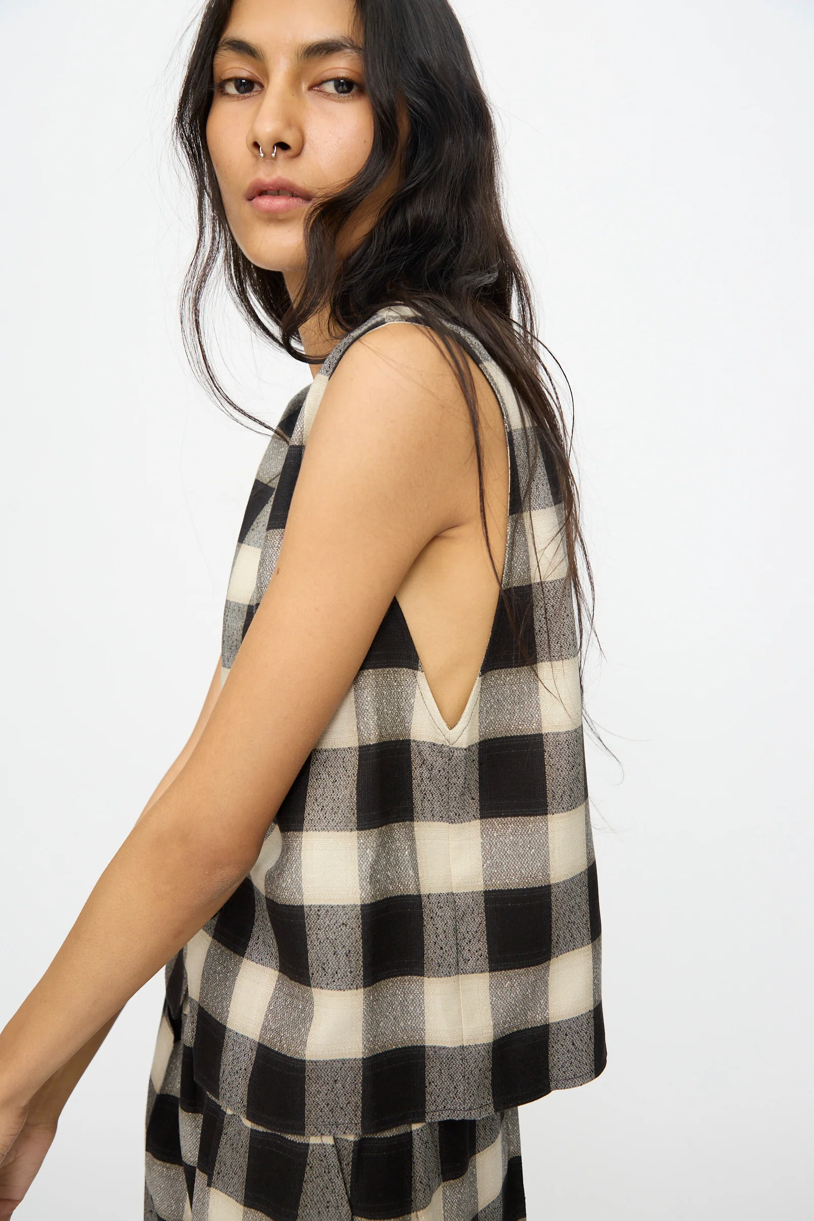 Button Down Vest in Black and Cream Checks - Image 4