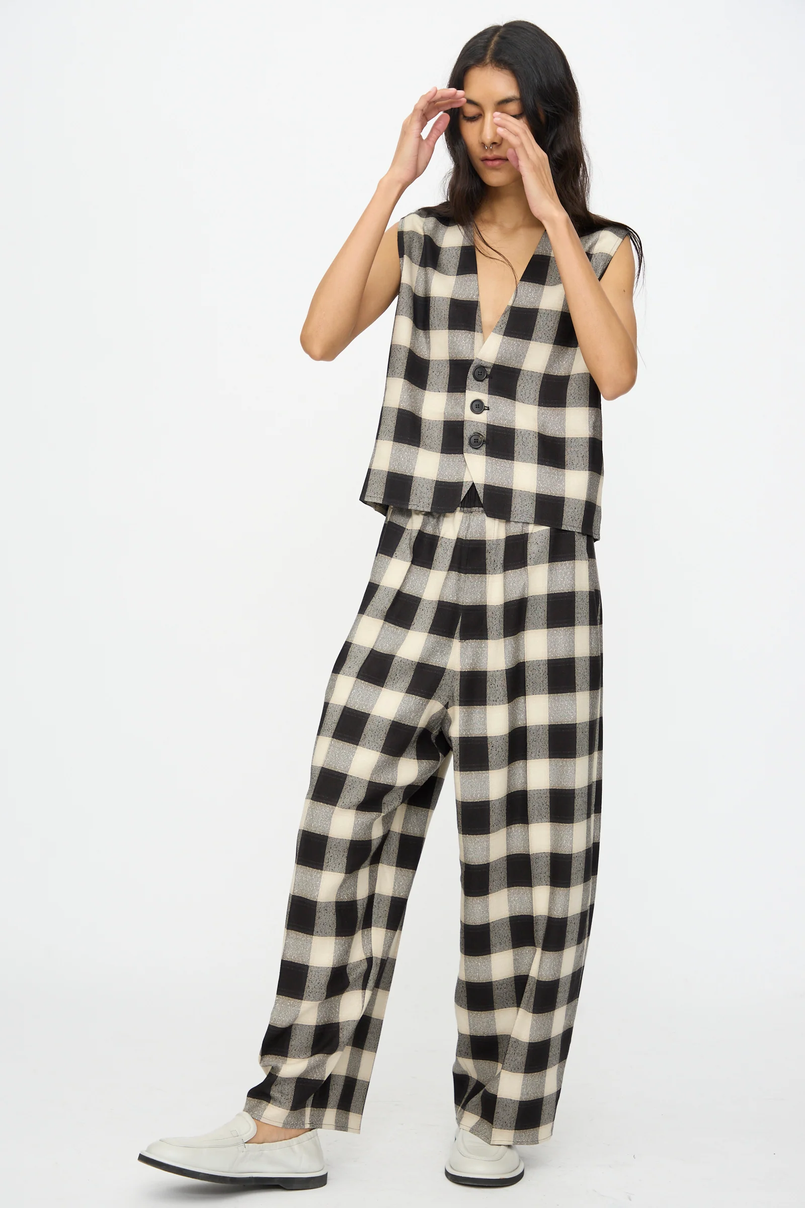 Button Down Vest in Black and Cream Checks - Image 5
