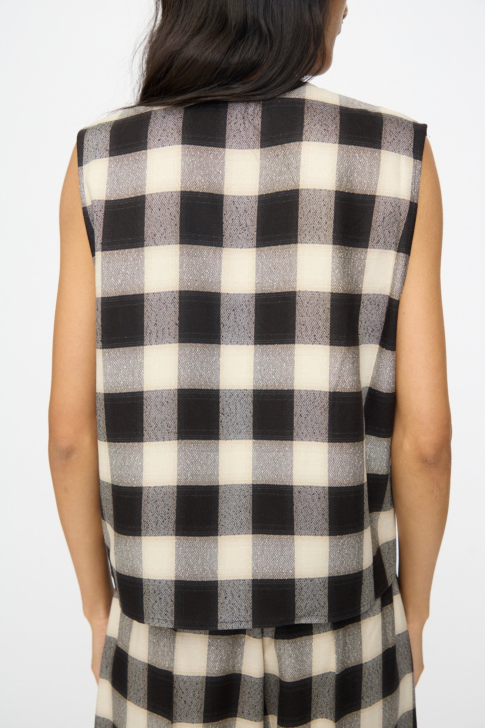 Button Down Vest in Black and Cream Checks - Image 6