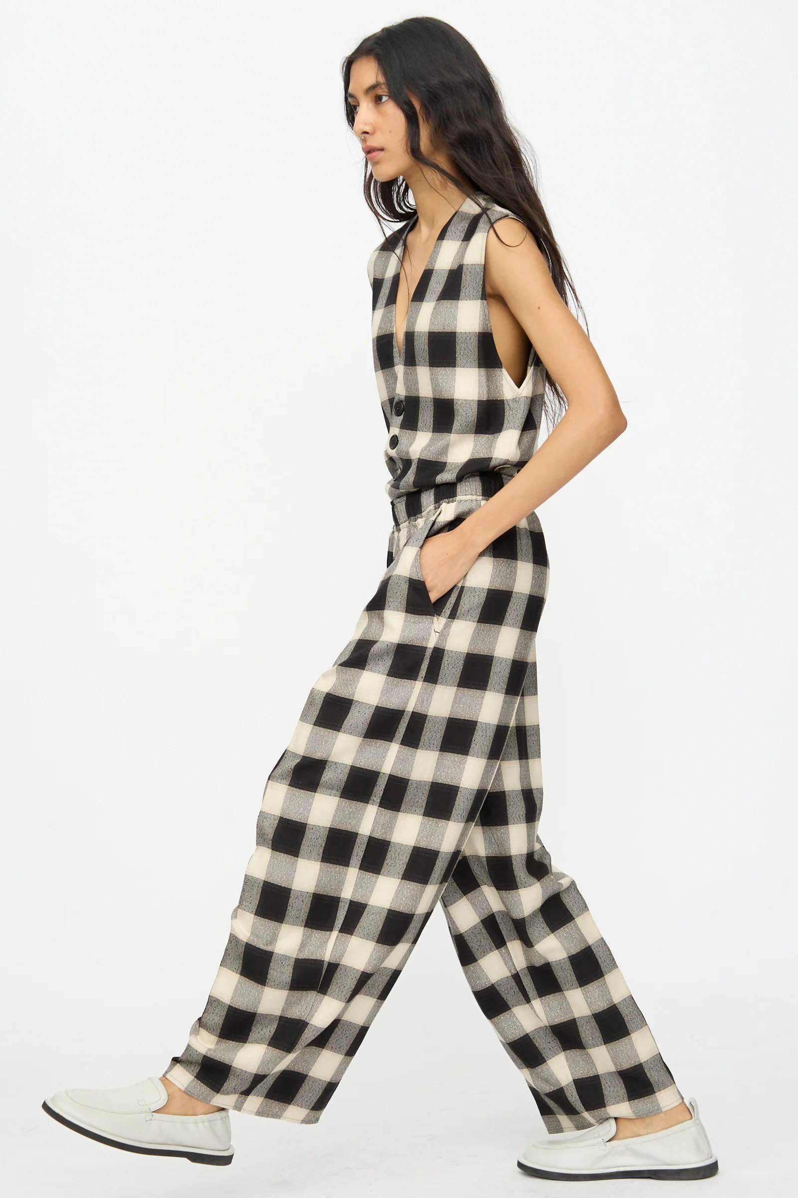 Oversized Pyjama Pants in Black and Cream Checks - Image 4