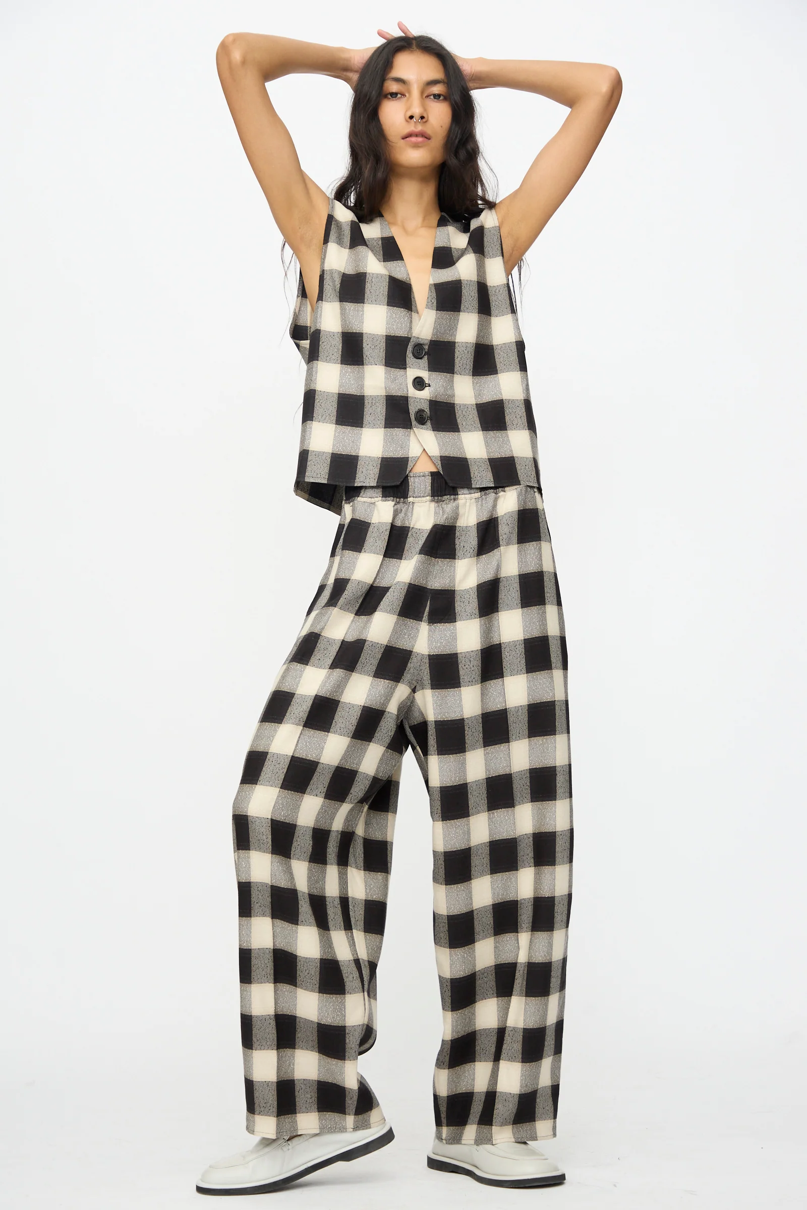 Oversized Pyjama Pants in Black and Cream Checks - Image 5