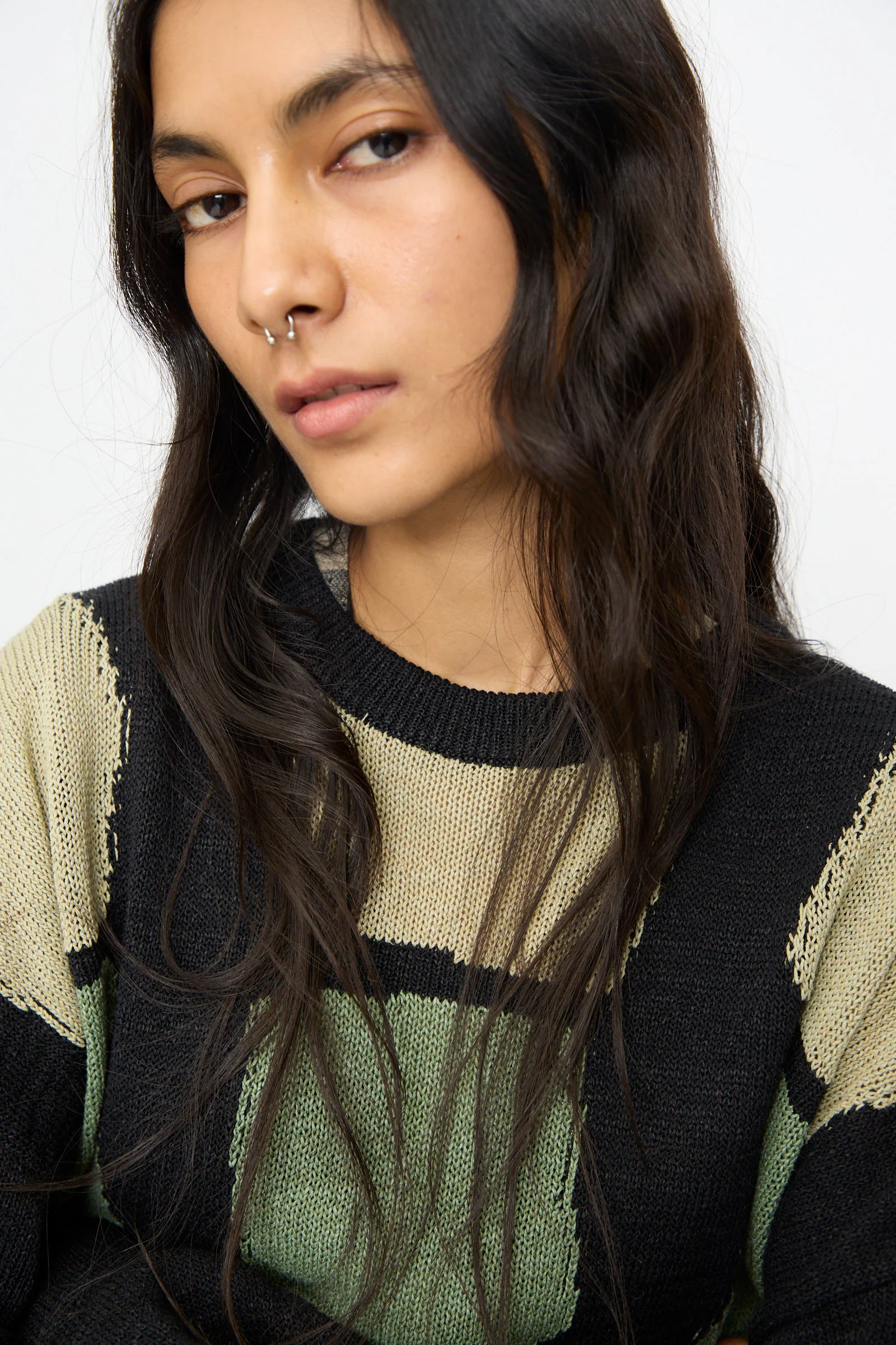 Washi Paper Patchwork Sweater in Black with Sage and Light Khaki - Image 3