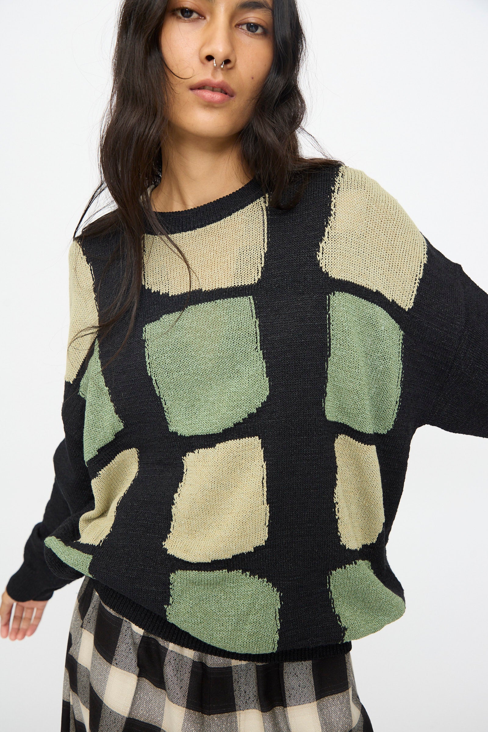 Washi Paper Patchwork Sweater in Black with Sage and Light Khaki - Image 4