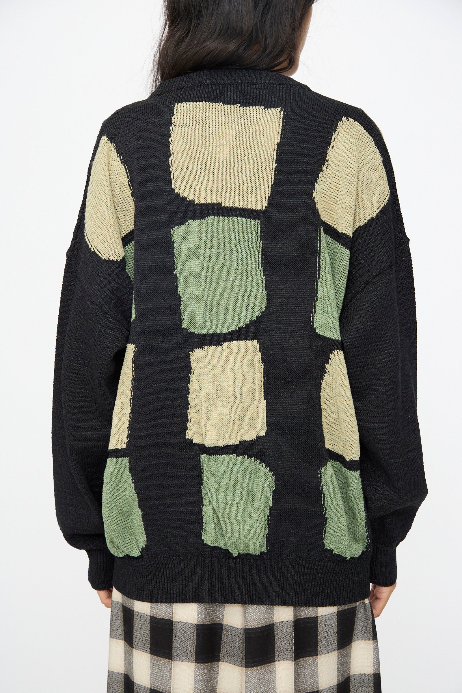 Washi Paper Patchwork Sweater in Black with Sage and Light Khaki - Image 5