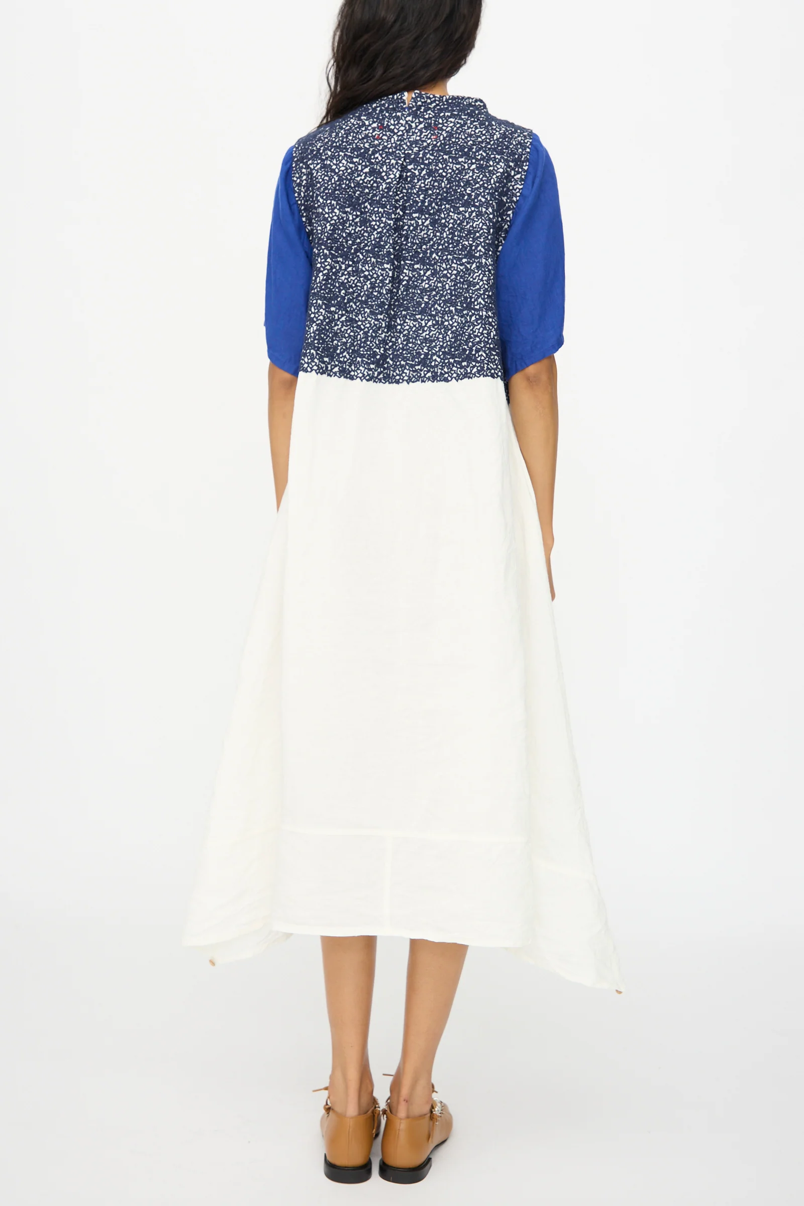 French Linen La Pucelle Dress in Off White Navy Stitch - Image 6