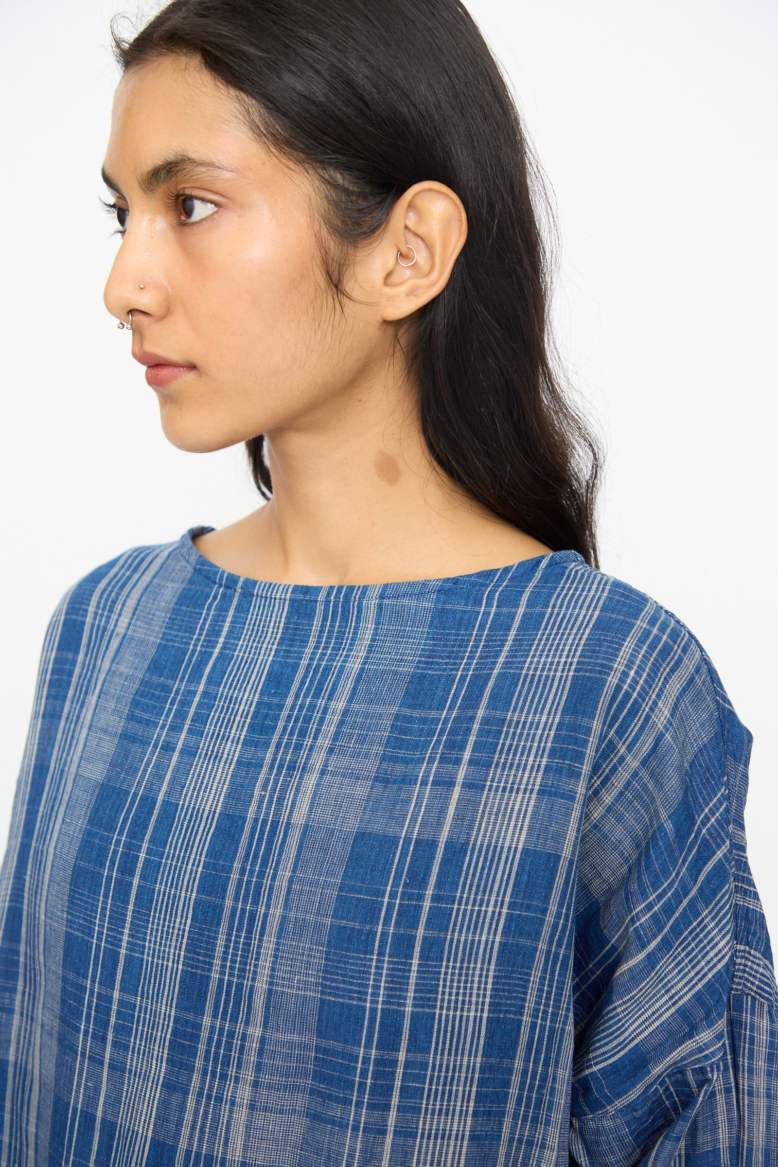 Linen Check Dress in Navy Indigo - Image 3