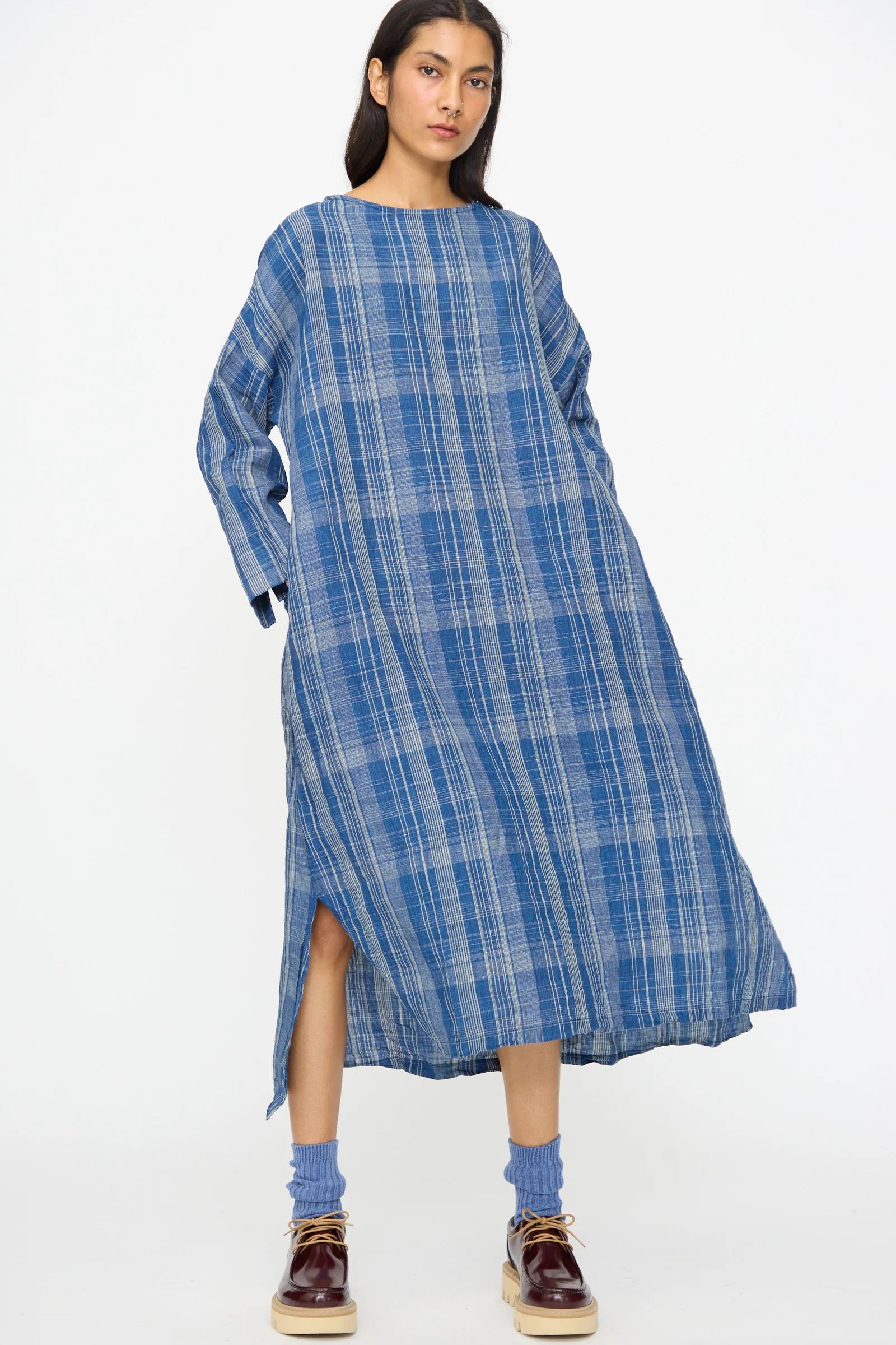 Linen Check Dress in Navy Indigo - Image 4