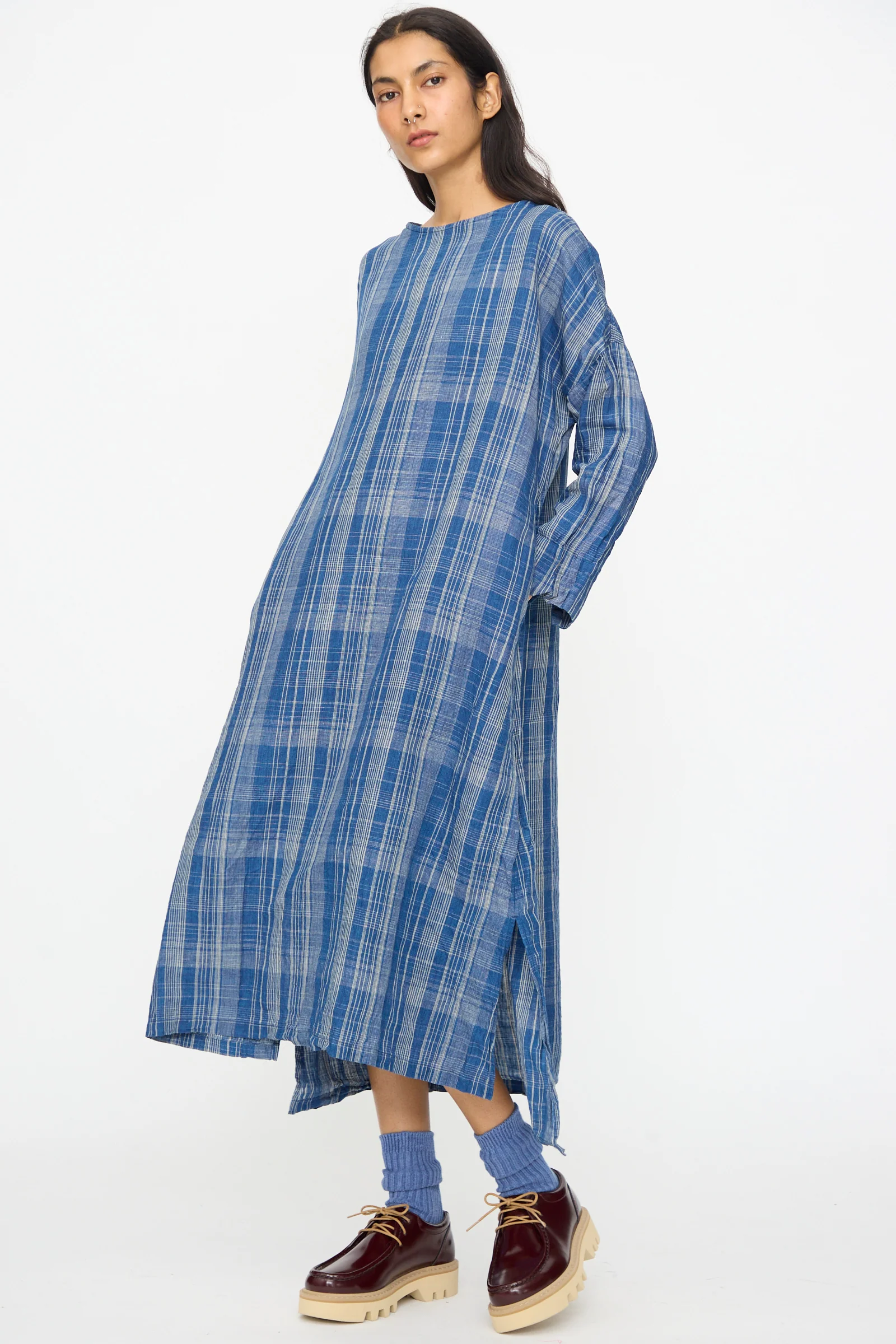 Linen Check Dress in Navy Indigo - Image 5