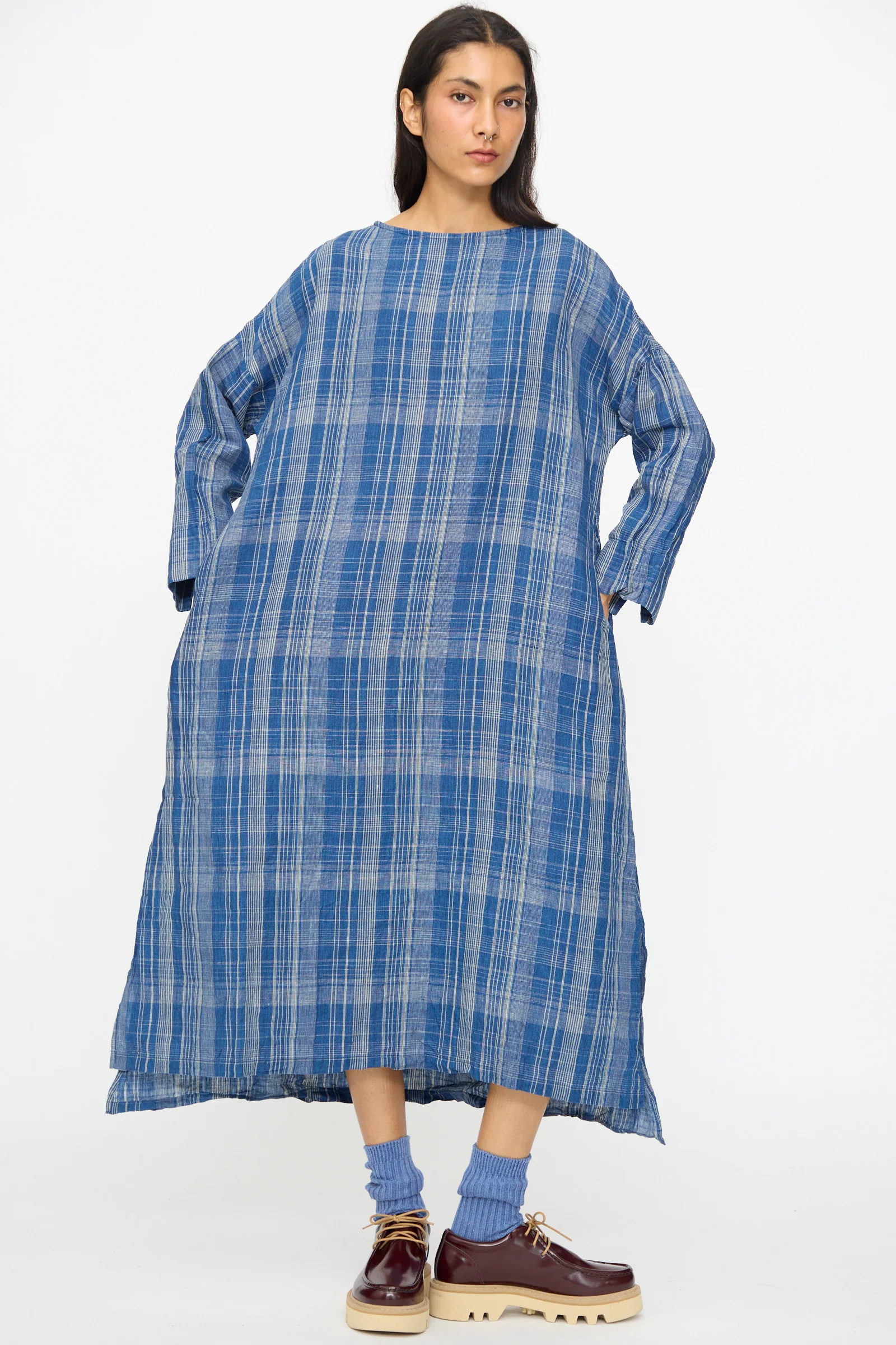 Linen Check Dress in Navy Indigo - Image 7