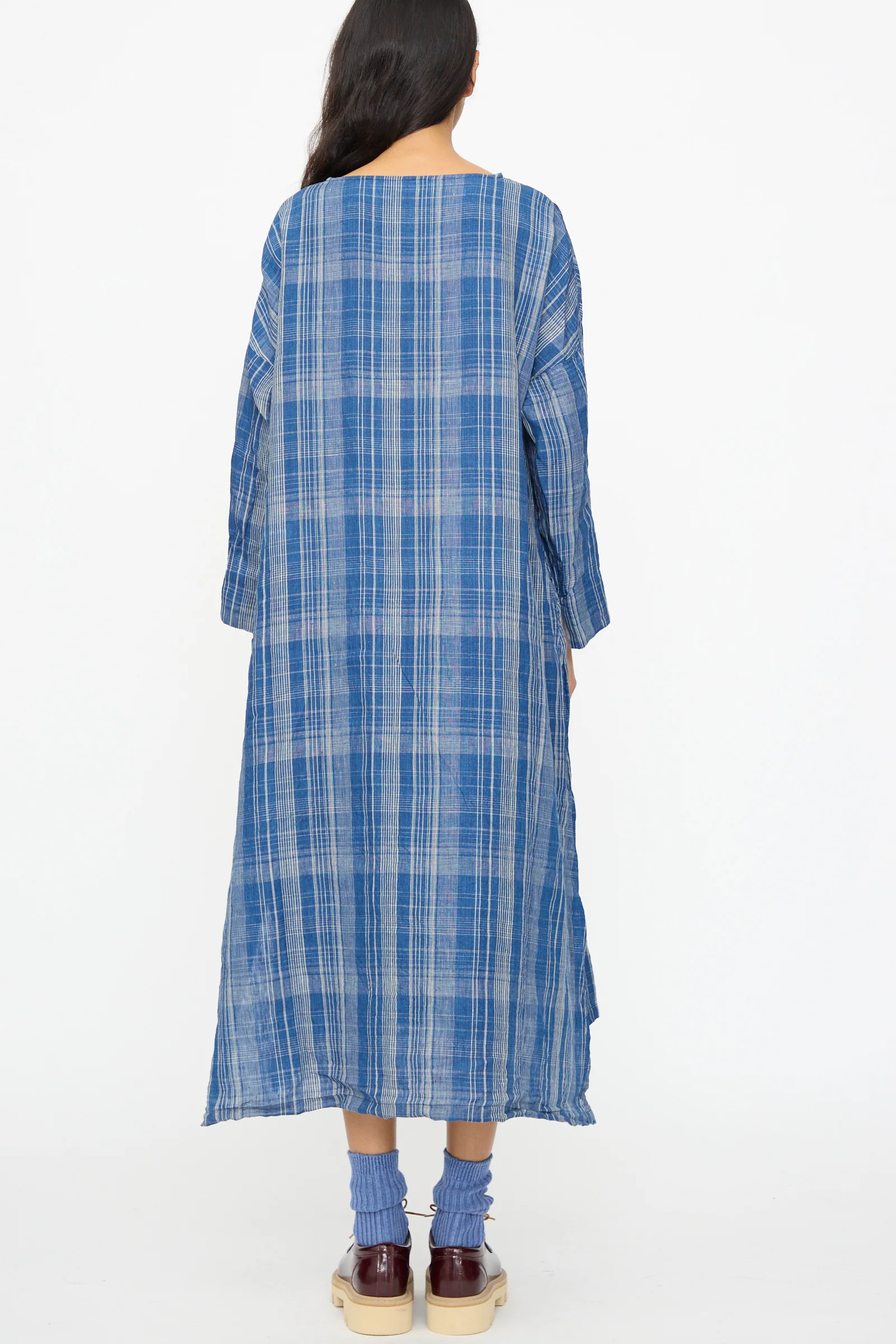 Linen Check Dress in Navy Indigo - Image 8