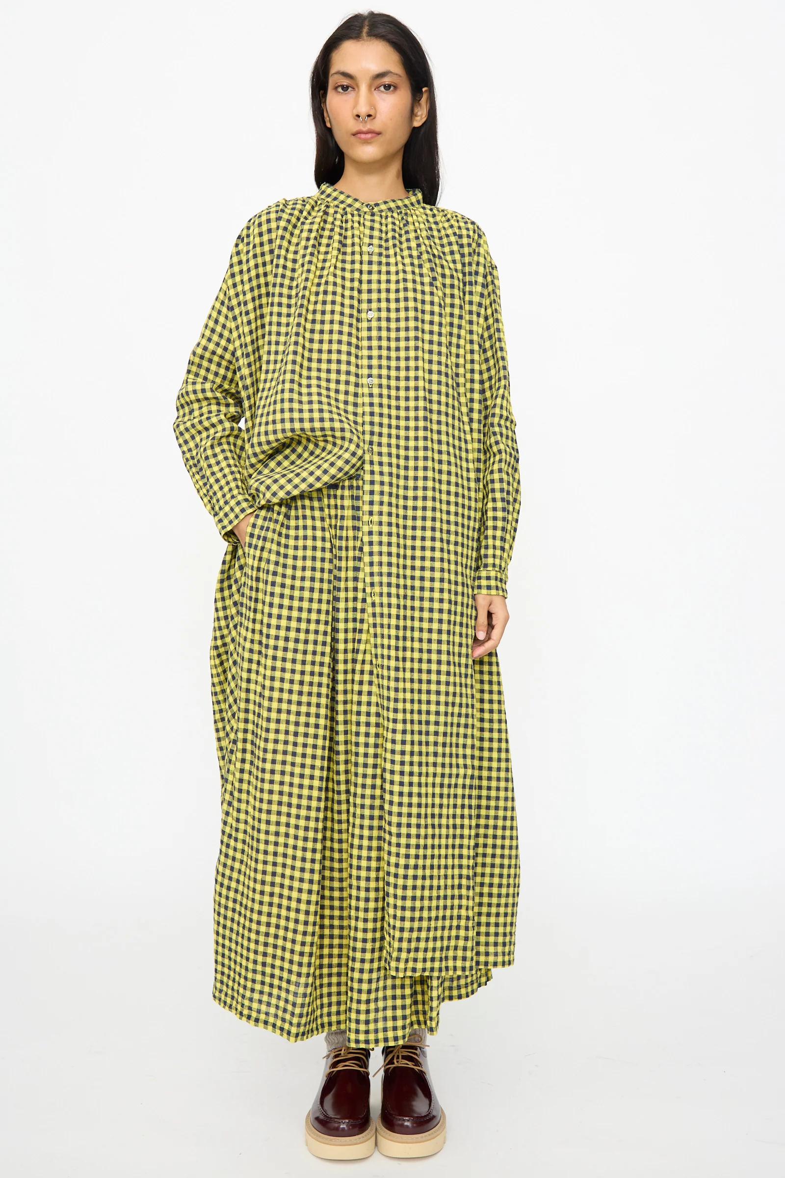 Linen Cotton Gingham Check Dress in Yellow - Image 4