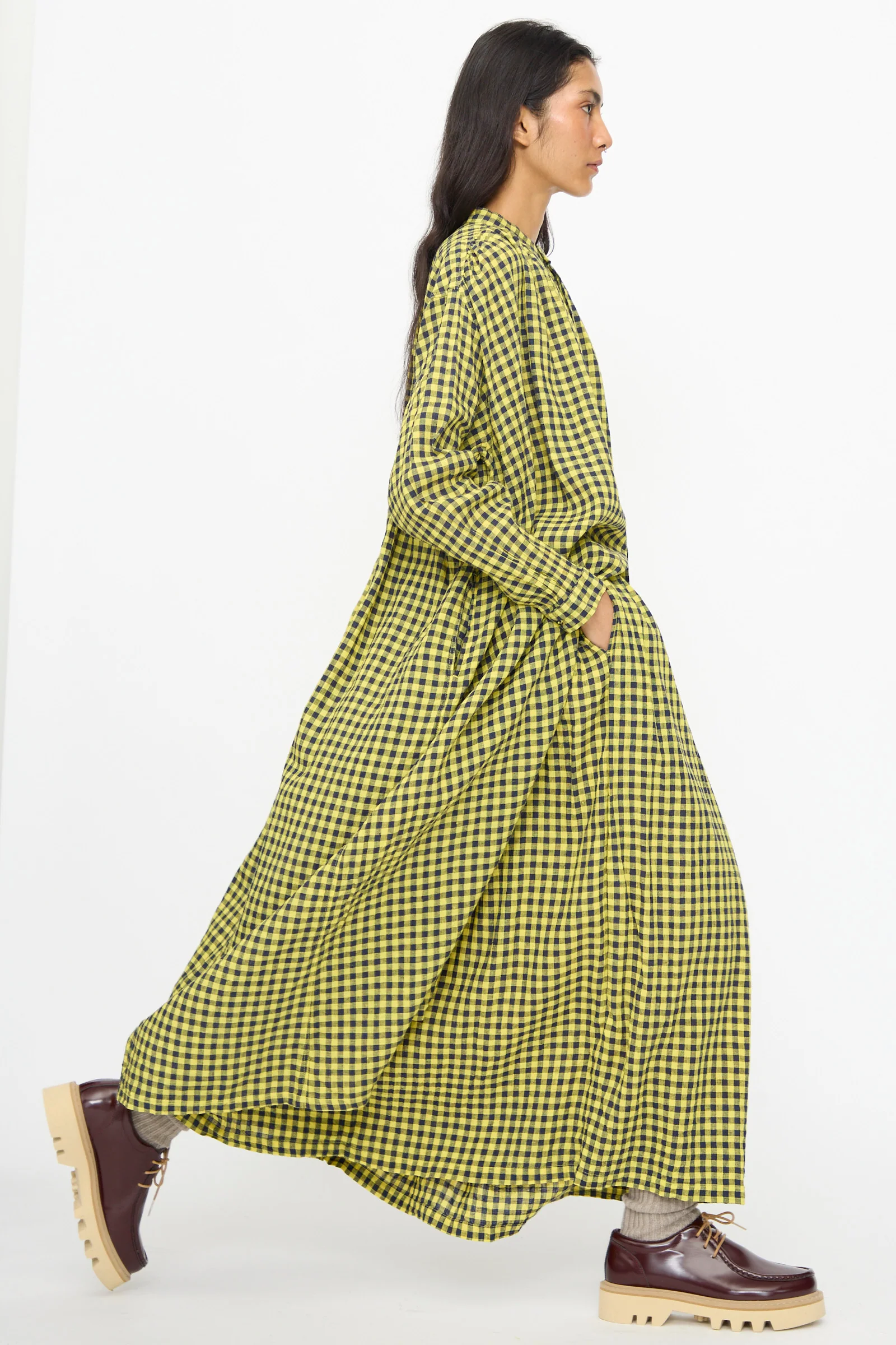 Linen Cotton Gingham Check Dress in Yellow - Image 5