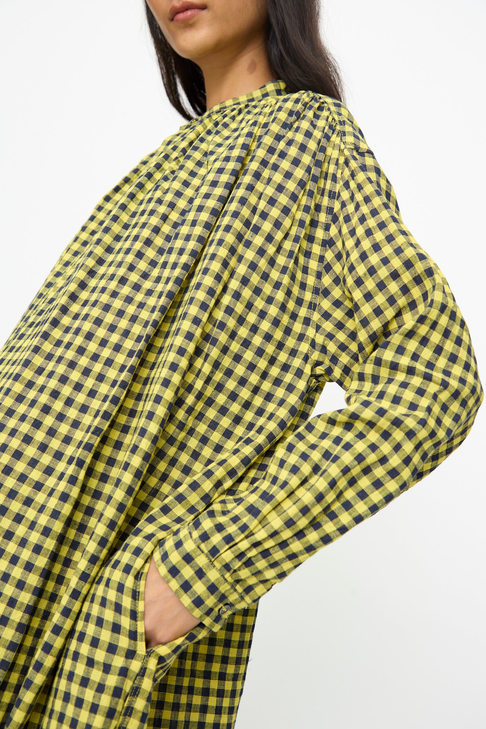 Linen Cotton Gingham Check Dress in Yellow - Image 6