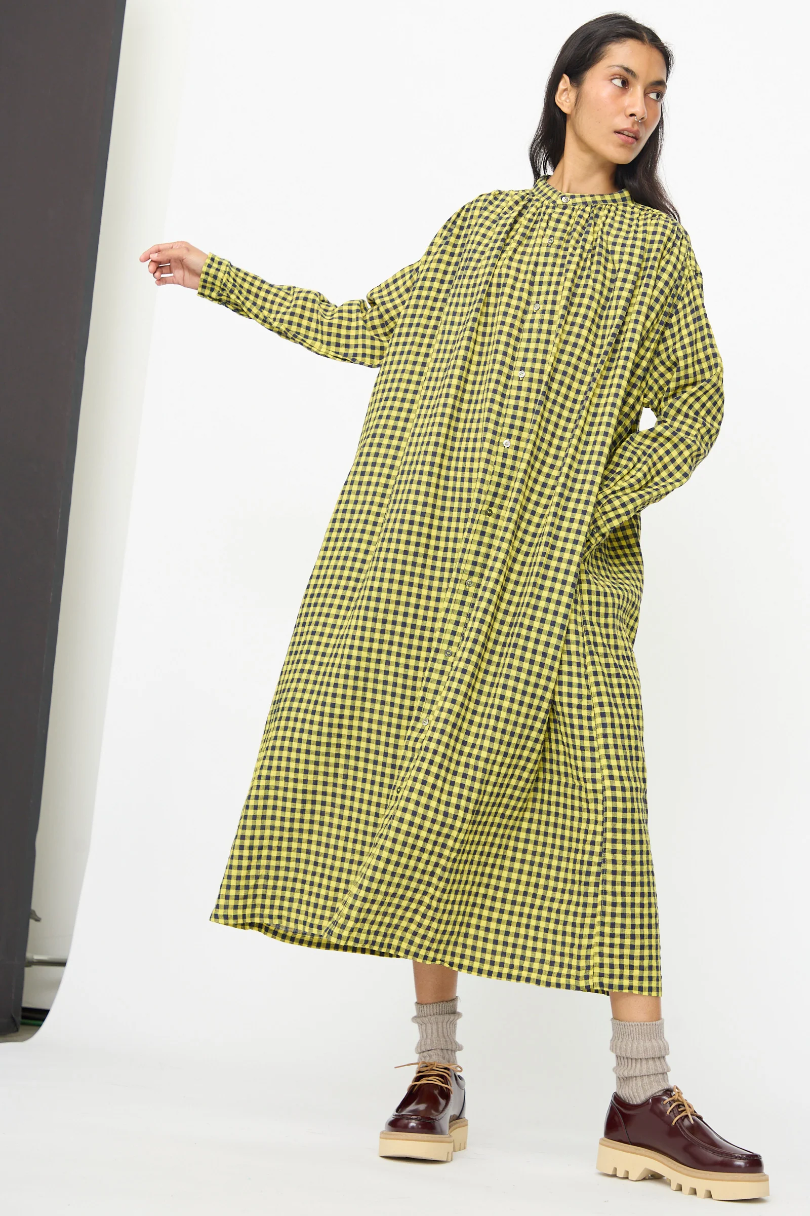 Linen Cotton Gingham Check Dress in Yellow - Image 7