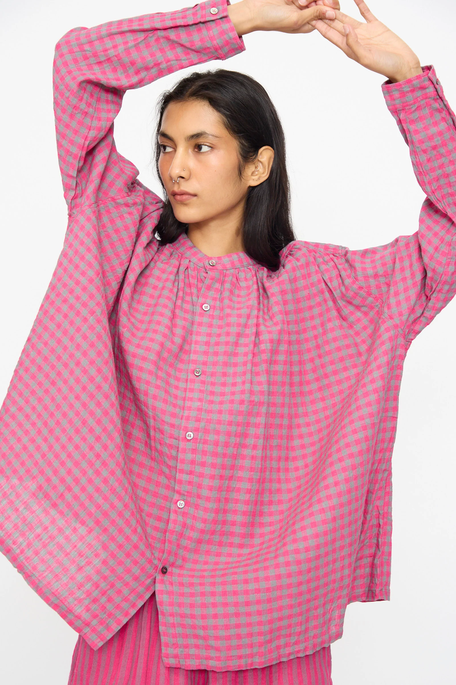 Linen Cotton Gingham Check Shirt in Pink