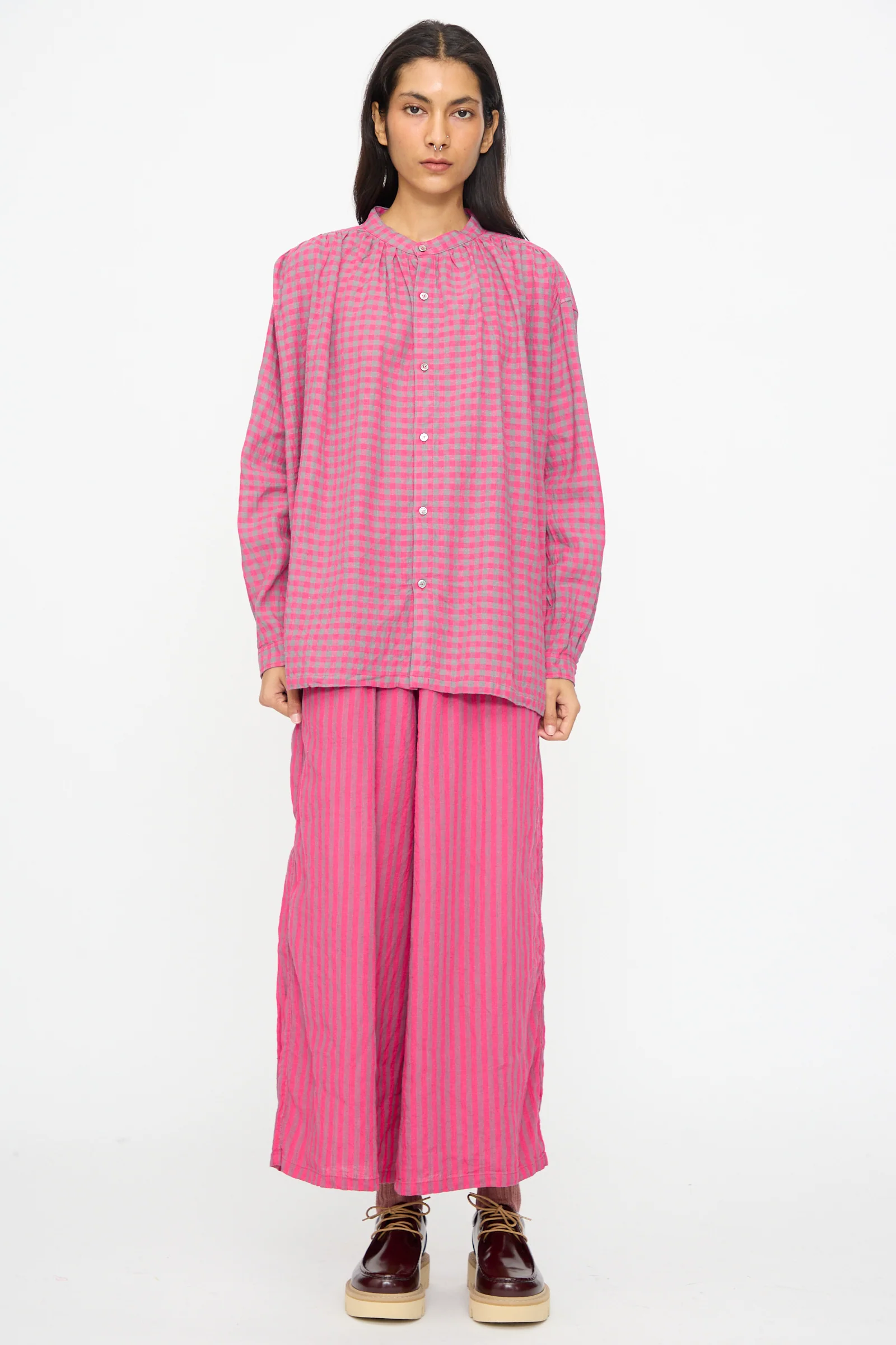 Linen Cotton Gingham Check Shirt in Pink - Image 2