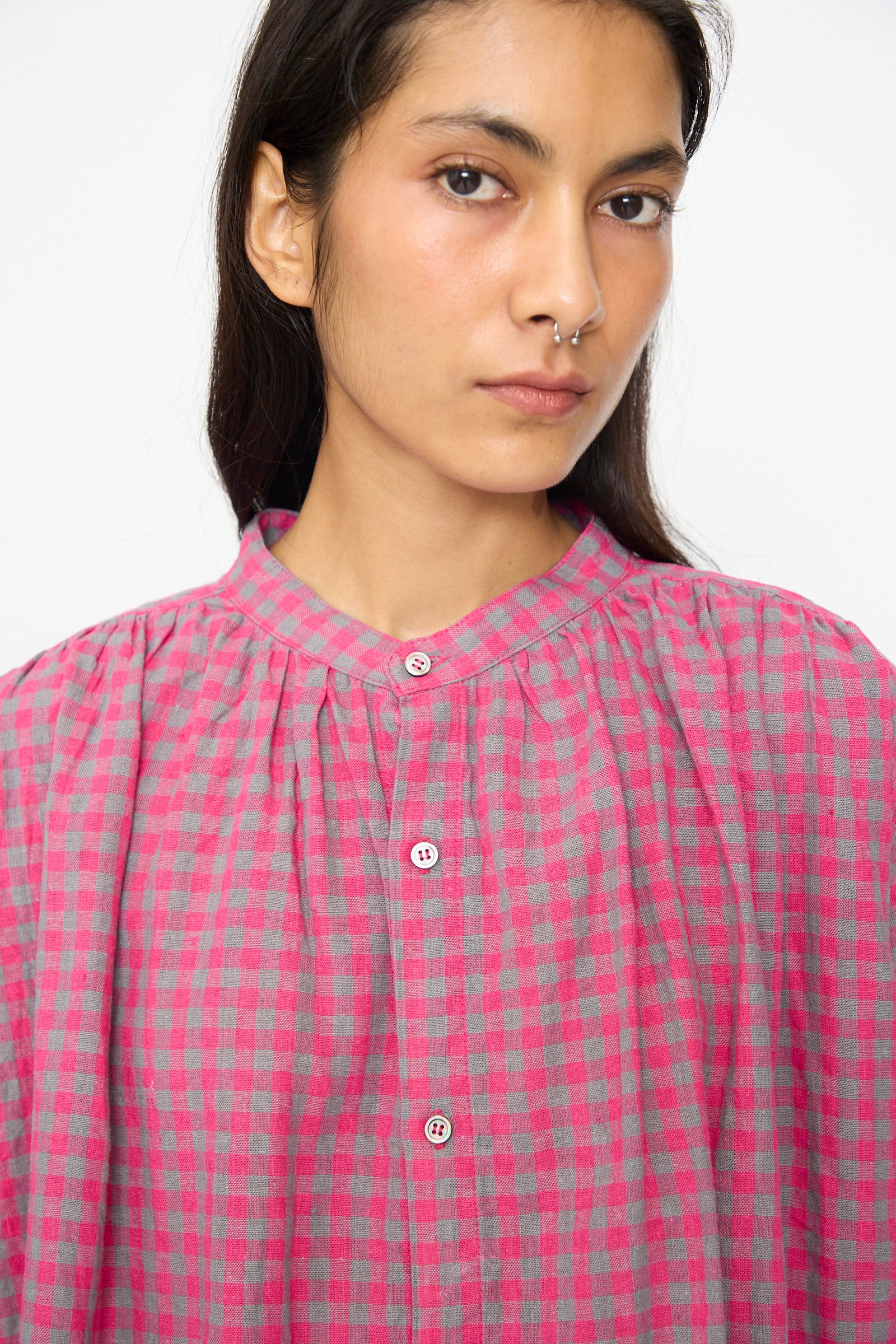 Linen Cotton Gingham Check Shirt in Pink - Image 3