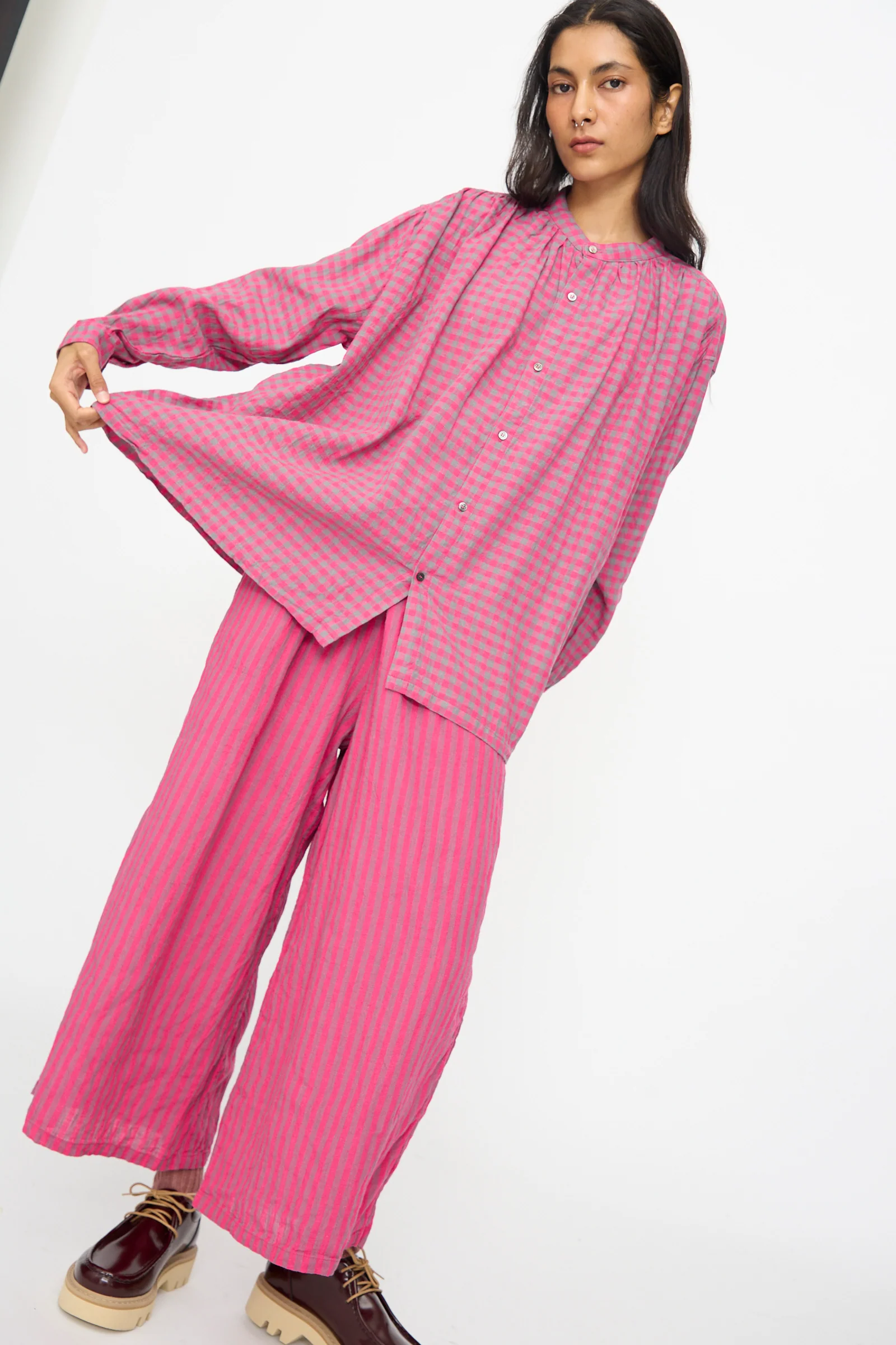 Linen Cotton Gingham Check Shirt in Pink - Image 4