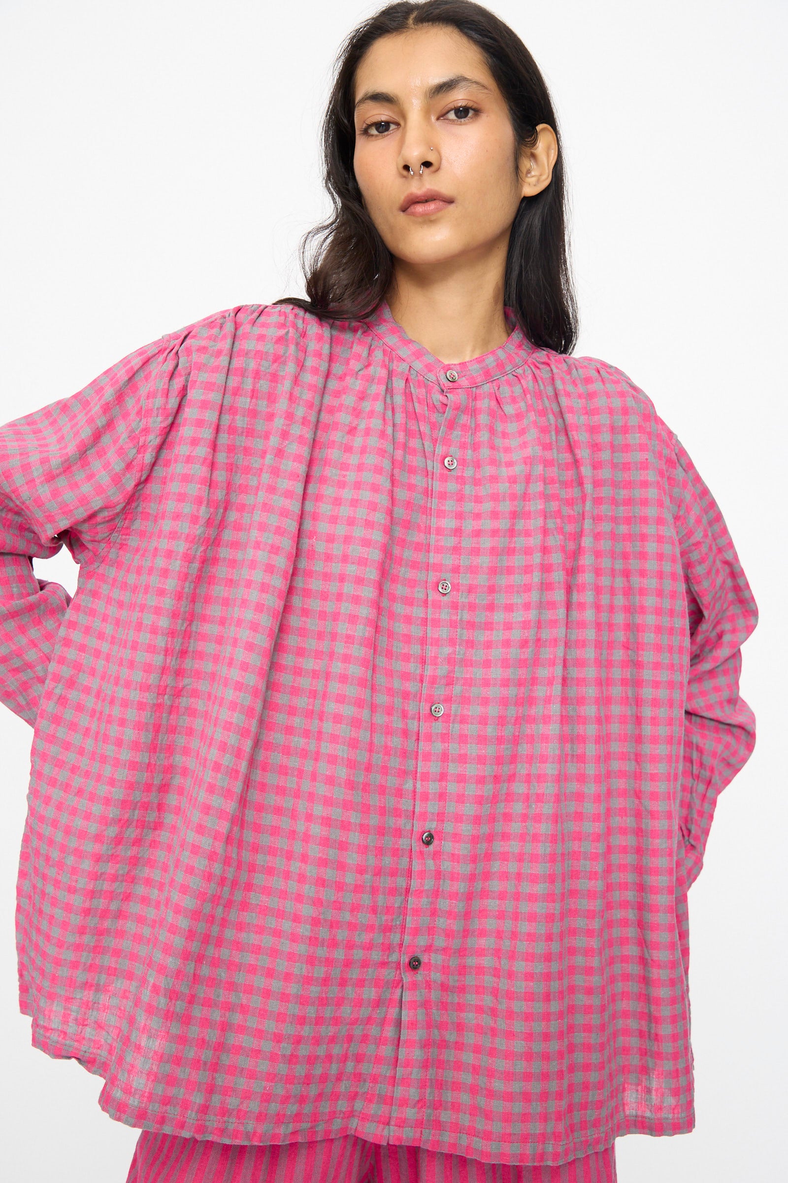 Linen Cotton Gingham Check Shirt in Pink - Image 5