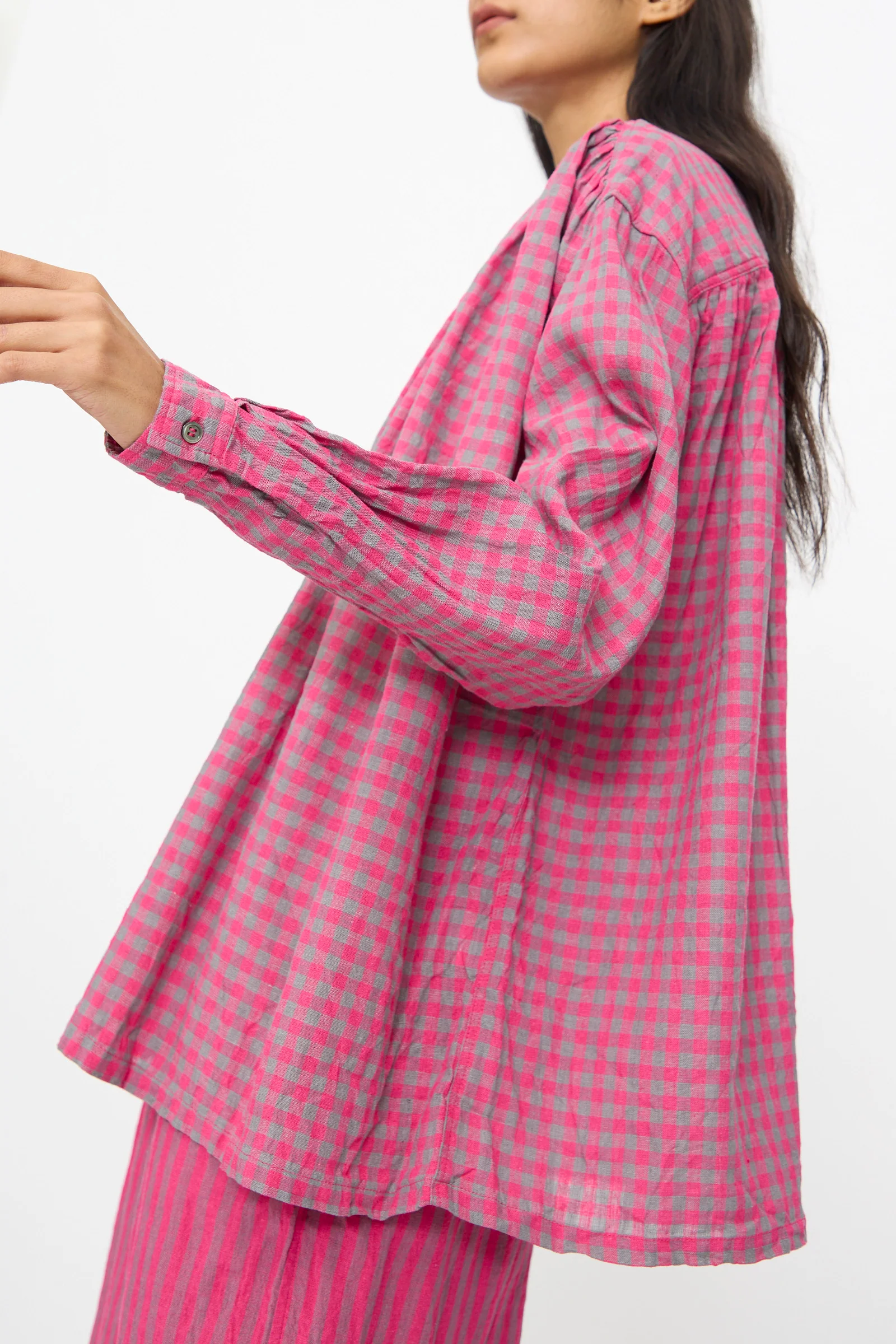 Linen Cotton Gingham Check Shirt in Pink - Image 6