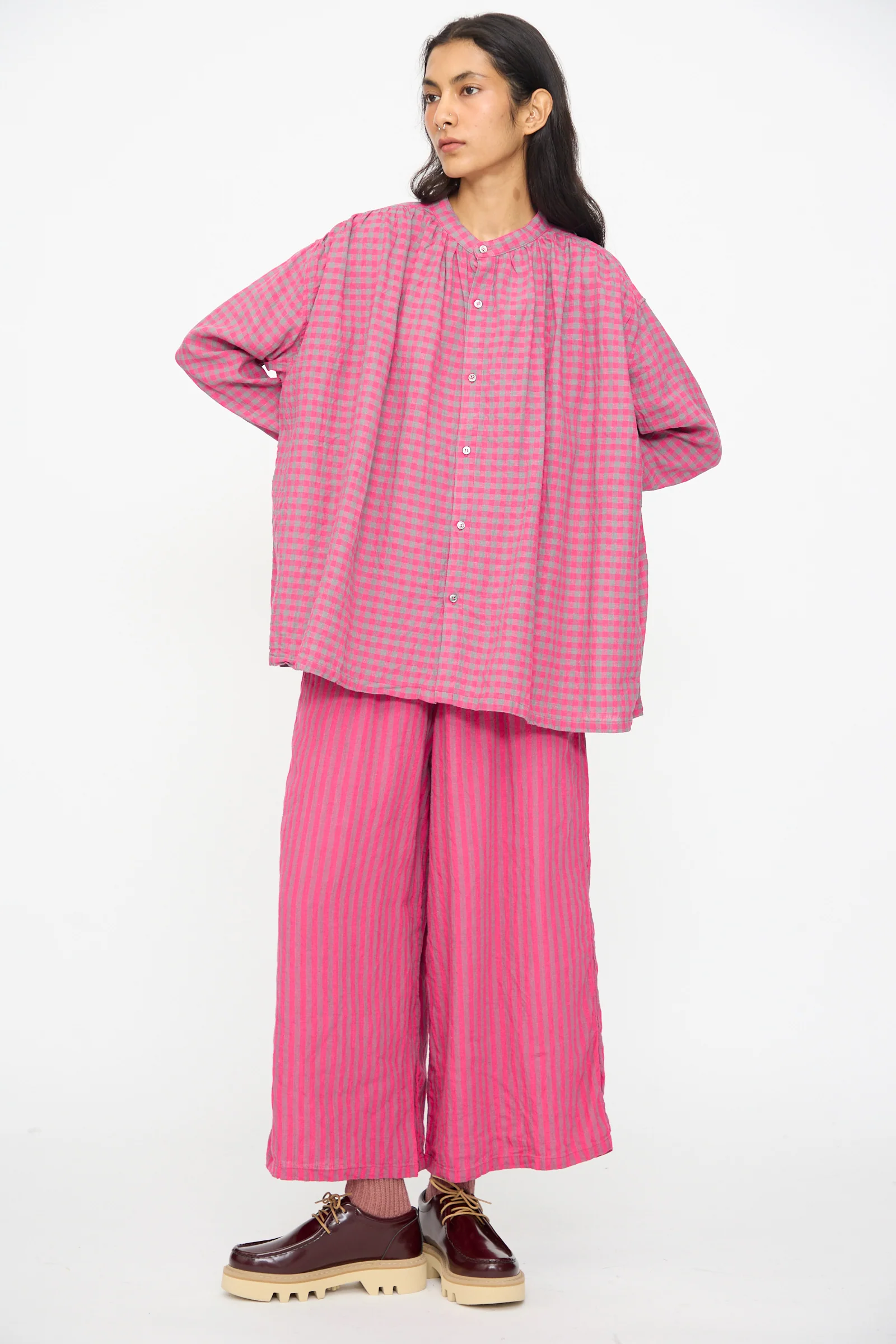 Linen Cotton Gingham Check Shirt in Pink - Image 7
