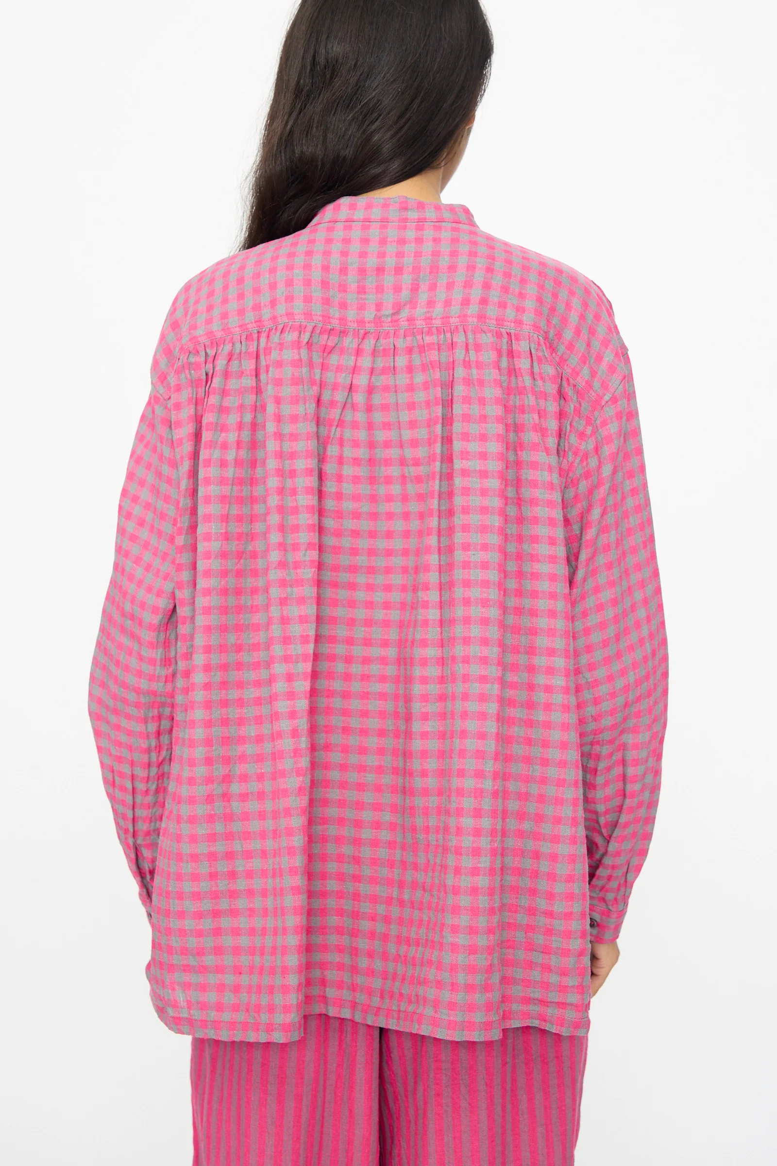 Linen Cotton Gingham Check Shirt in Pink - Image 8