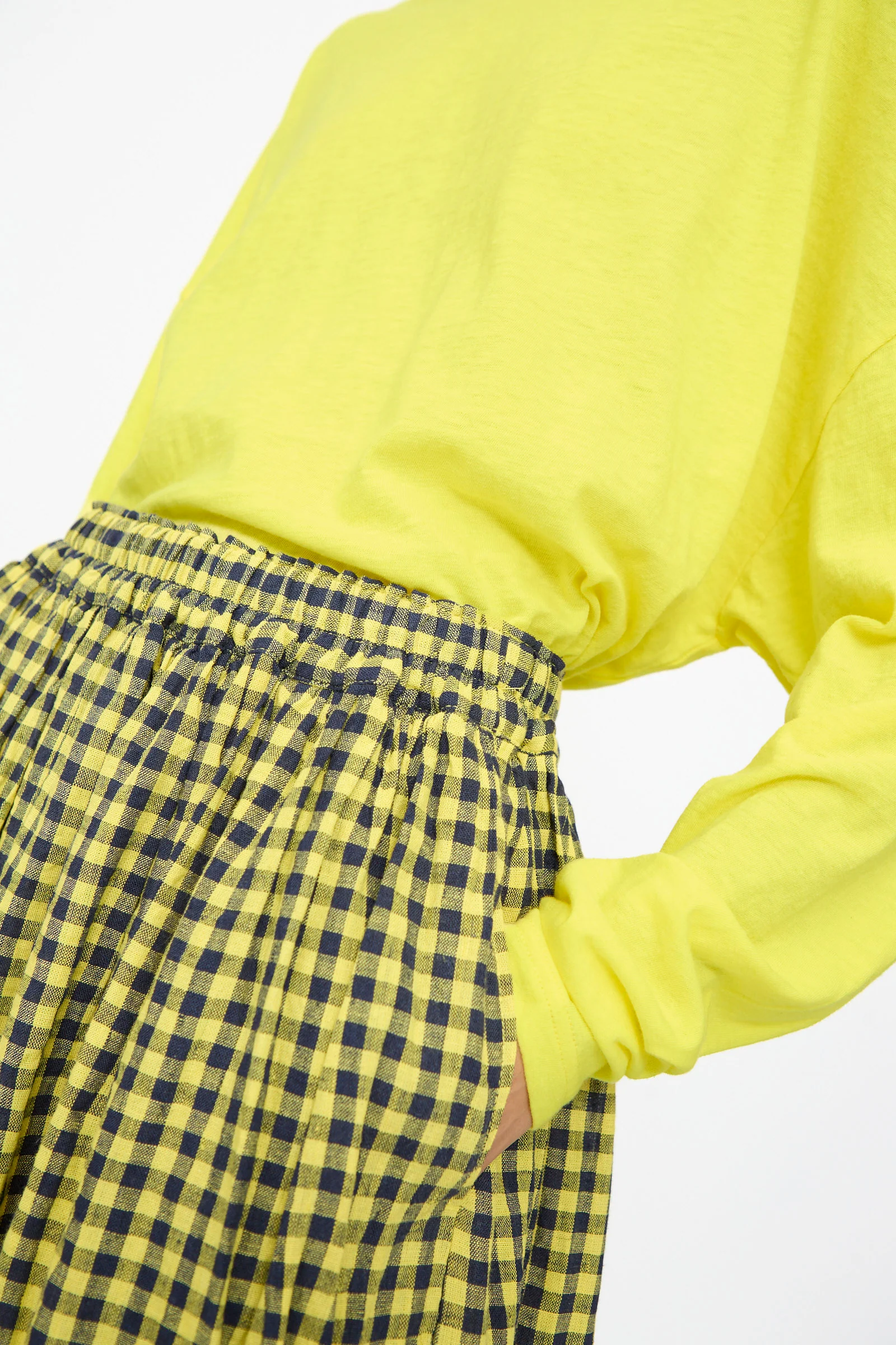 Linen Cotton Gingham Check Skirt in Yellow - Image 3
