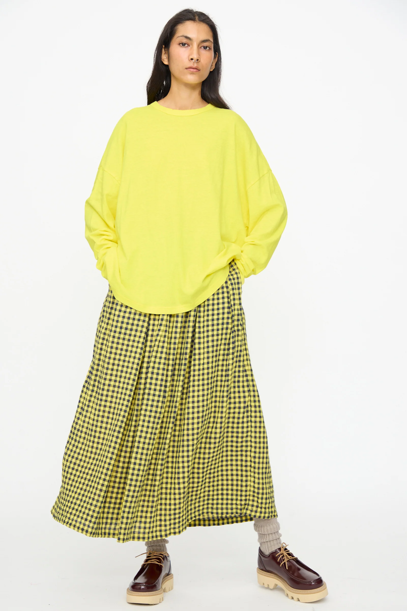 Linen Cotton Gingham Check Skirt in Yellow - Image 4