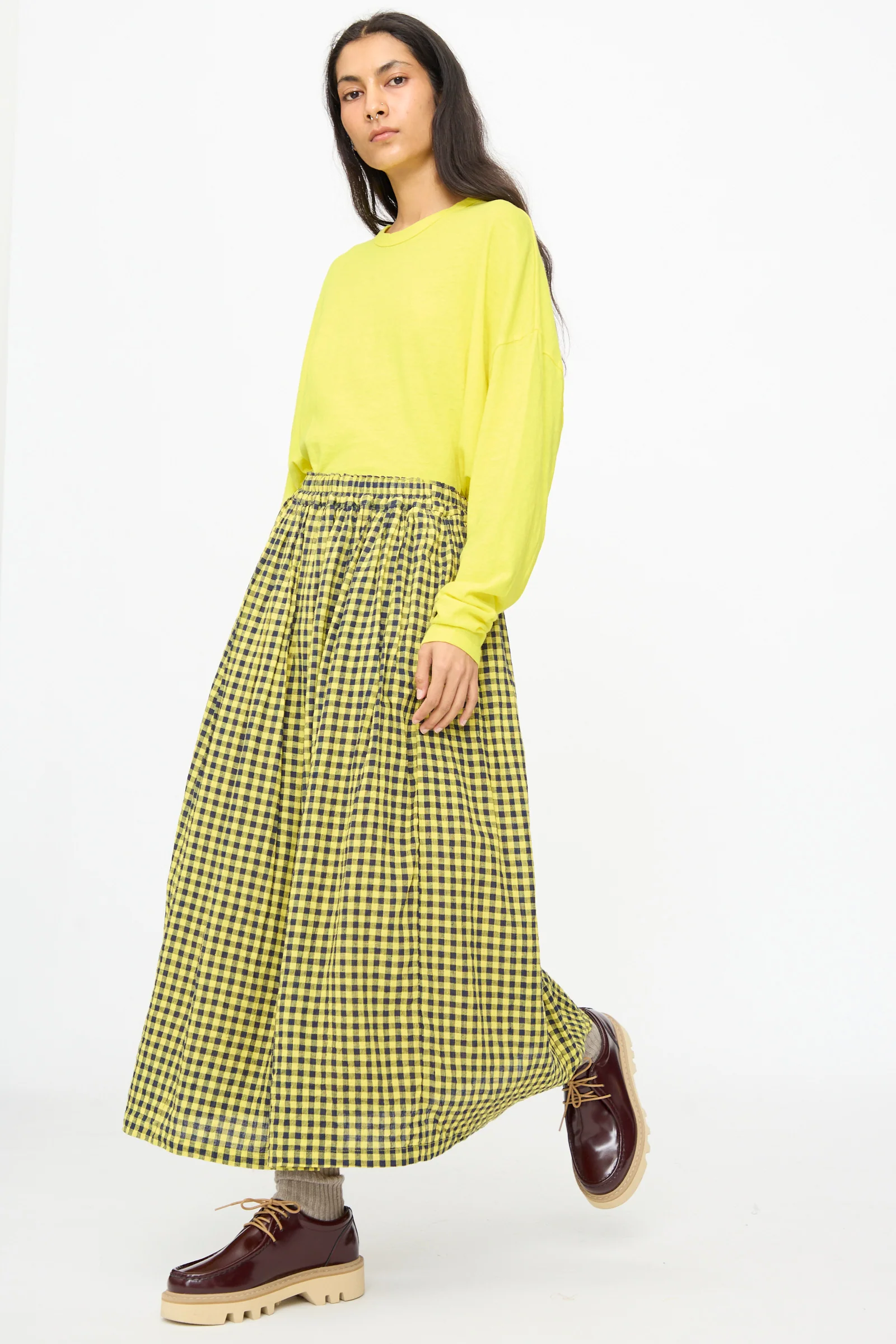 Linen Cotton Gingham Check Skirt in Yellow - Image 5