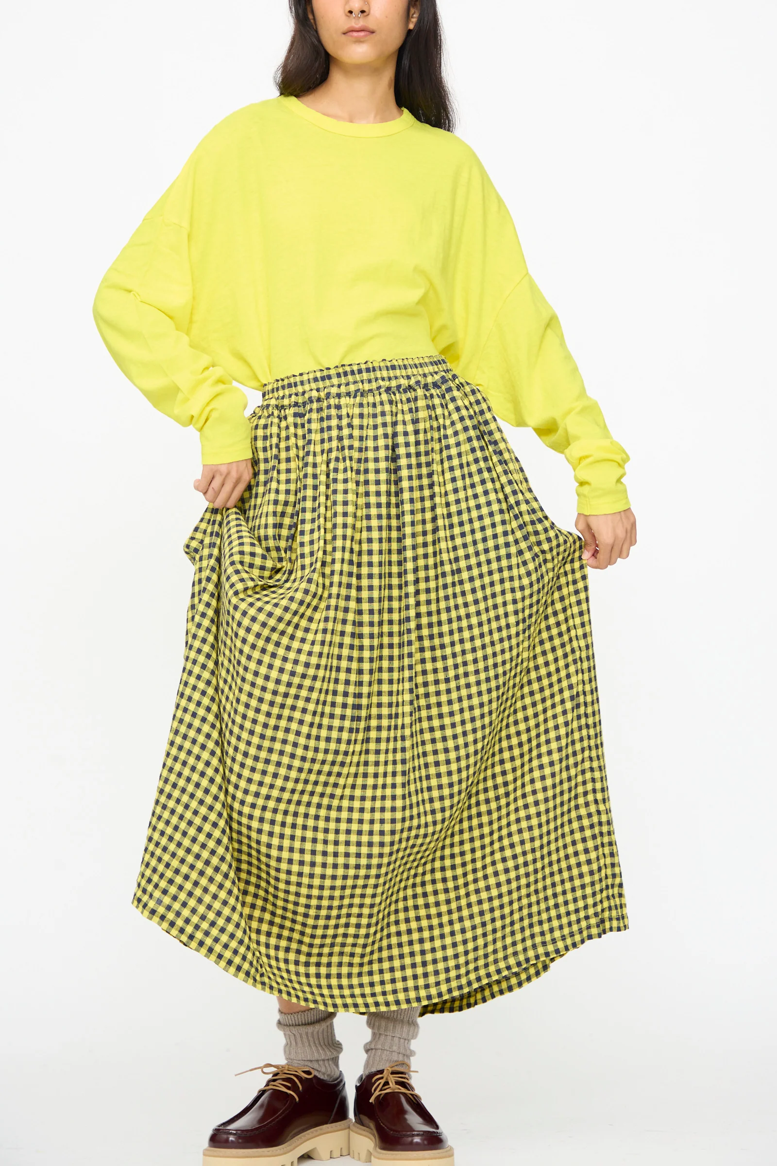 Linen Cotton Gingham Check Skirt in Yellow - Image 6