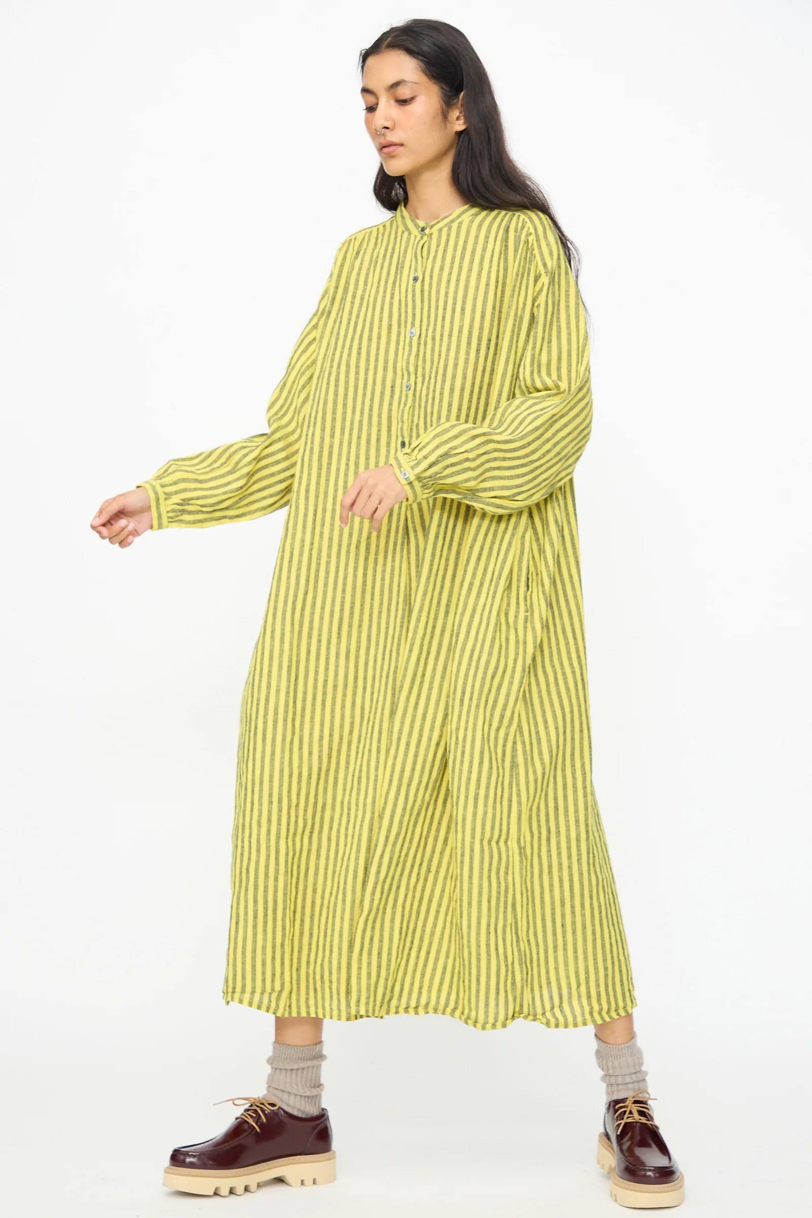 Linen Cotton Stripe Dress in Yellow - Image 4