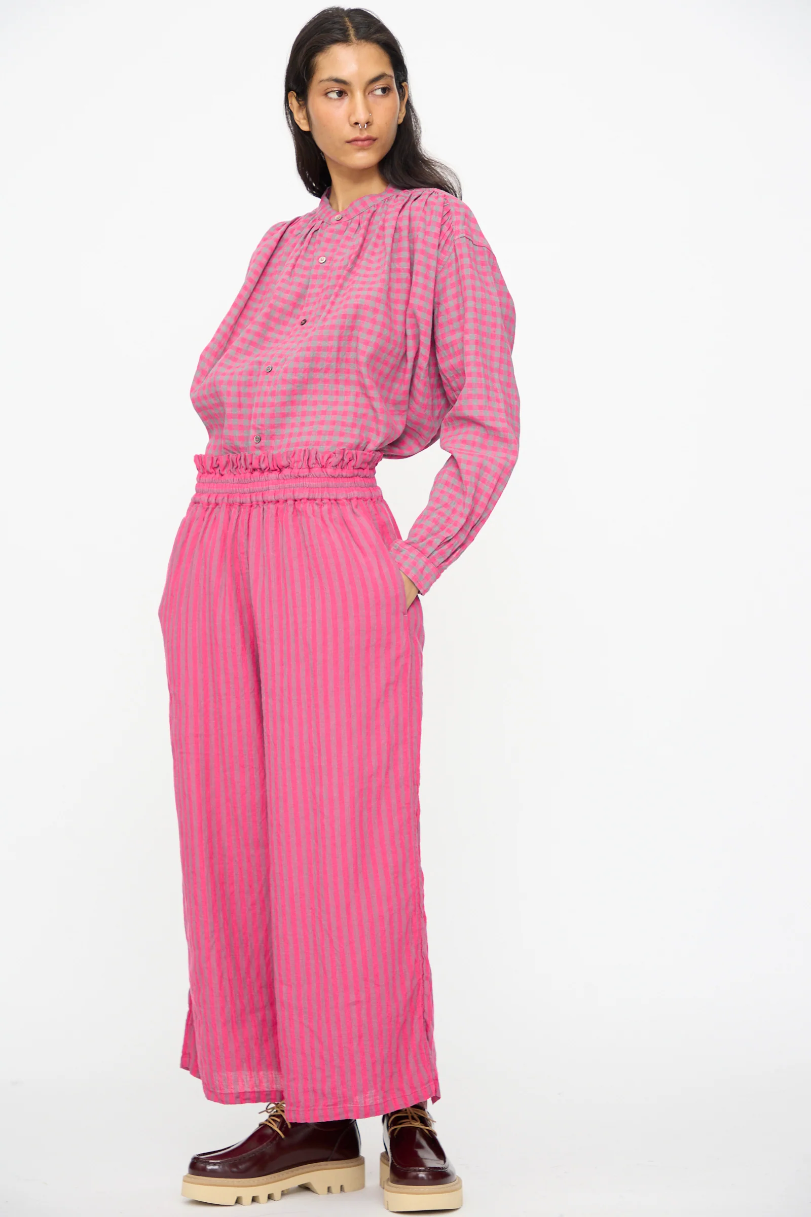 Linen Cotton Stripe Pants in Pink - Image 5