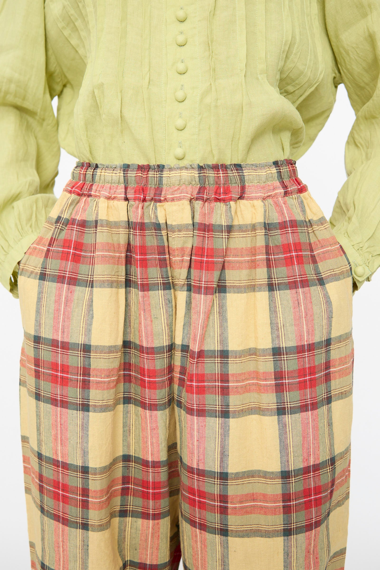 Linen Cotton Tartan Pants in Butter Yellow - Image 3
