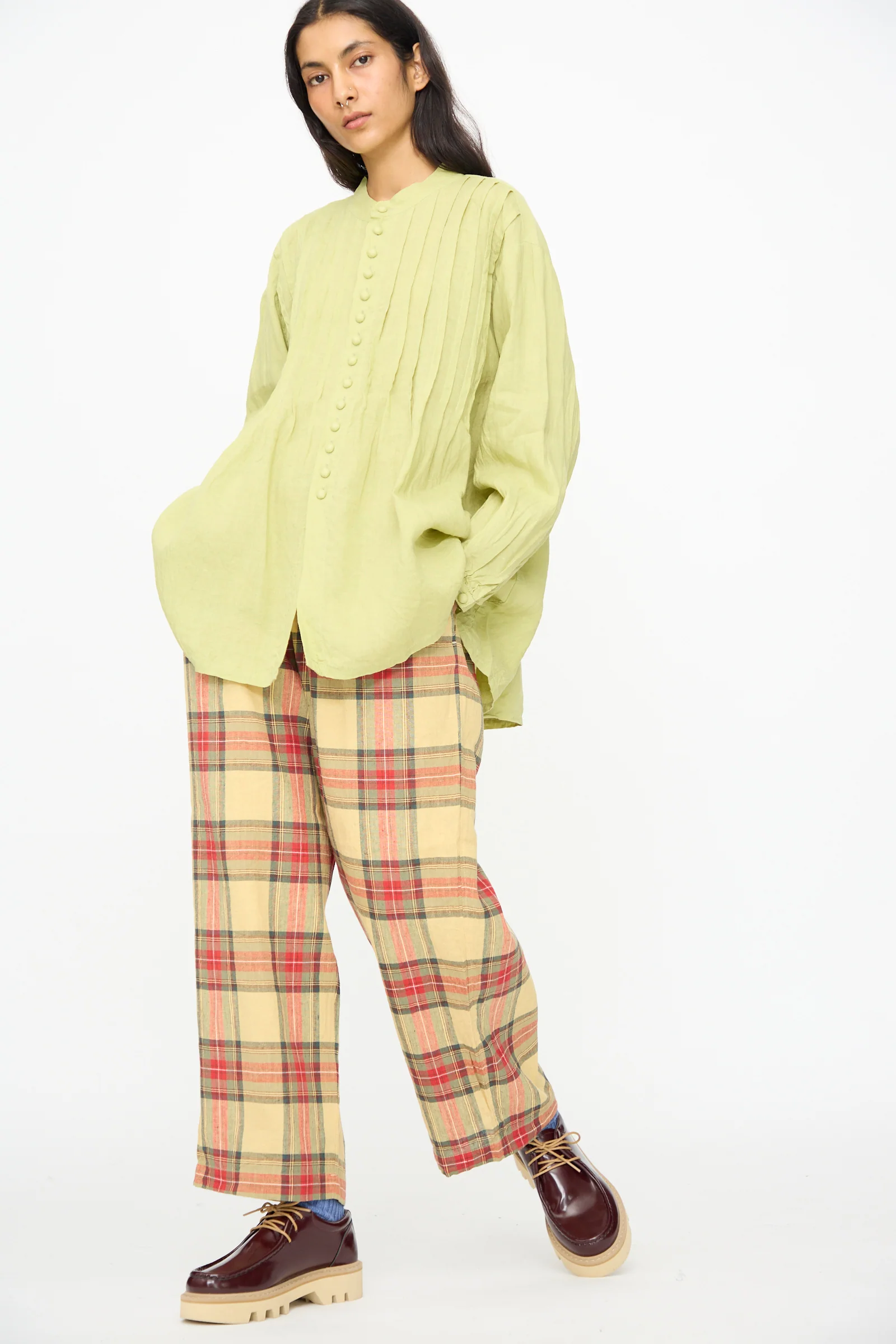 Linen Cotton Tartan Pants in Butter Yellow - Image 4
