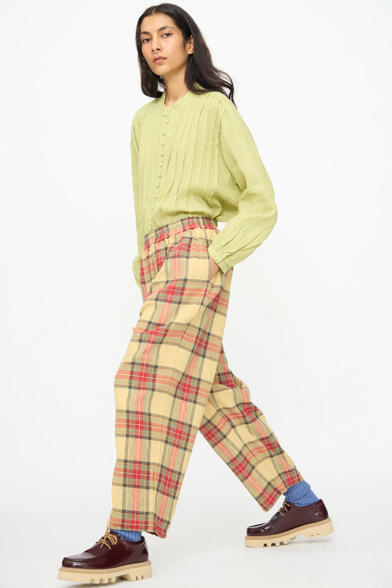 Linen Cotton Tartan Pants in Butter Yellow - Image 5