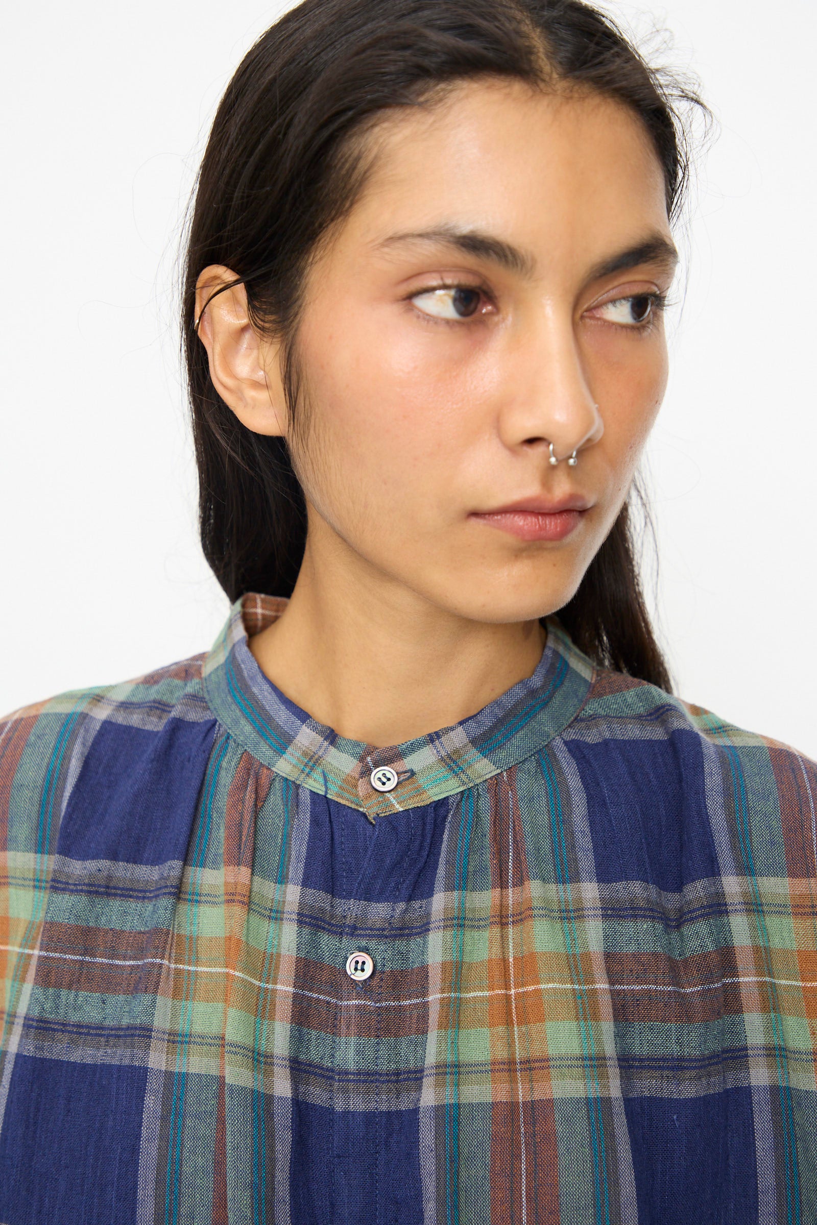 Linen Cotton Tartan Shirt in Navy - Image 3