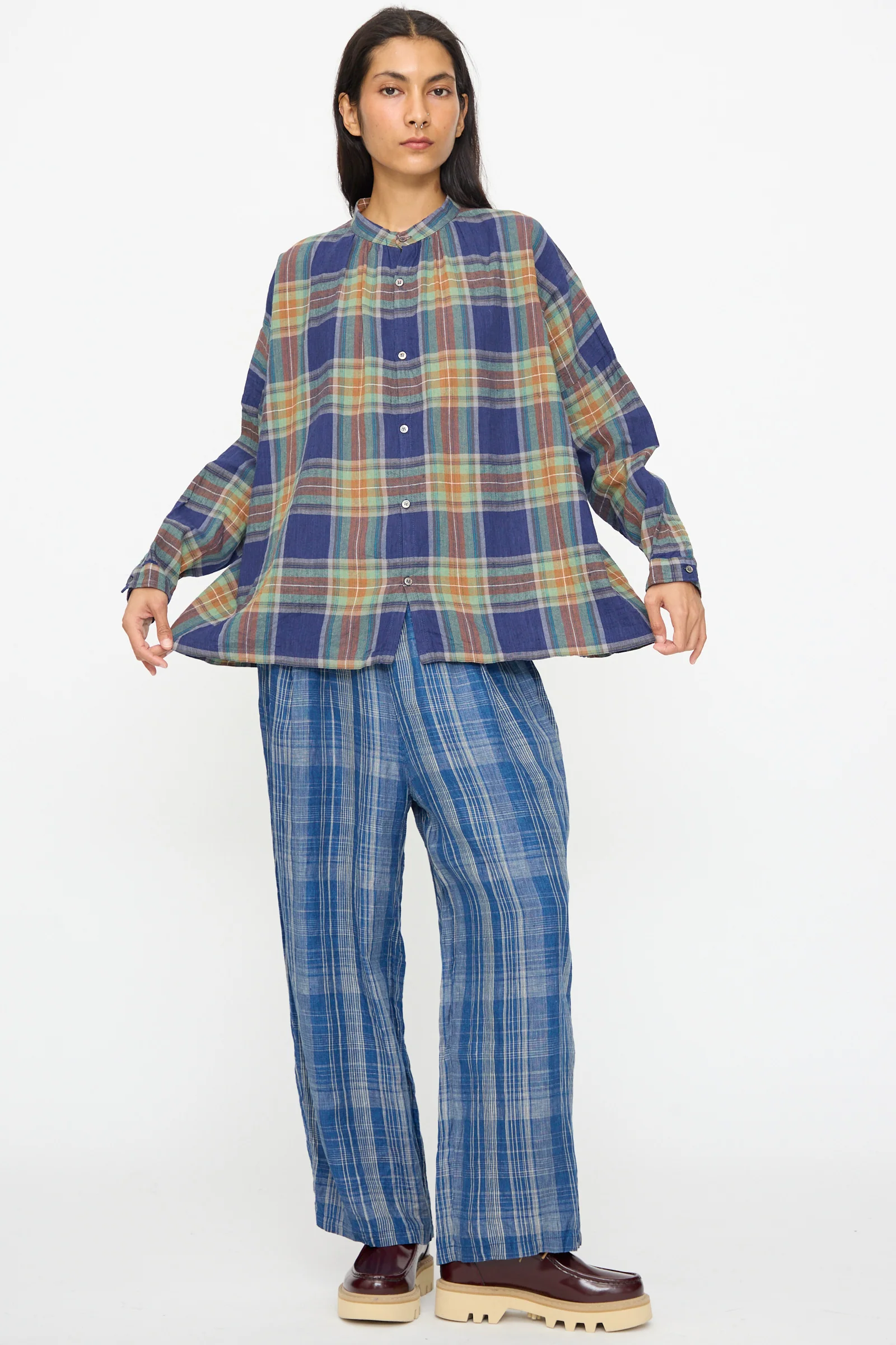Linen Cotton Tartan Shirt in Navy - Image 4