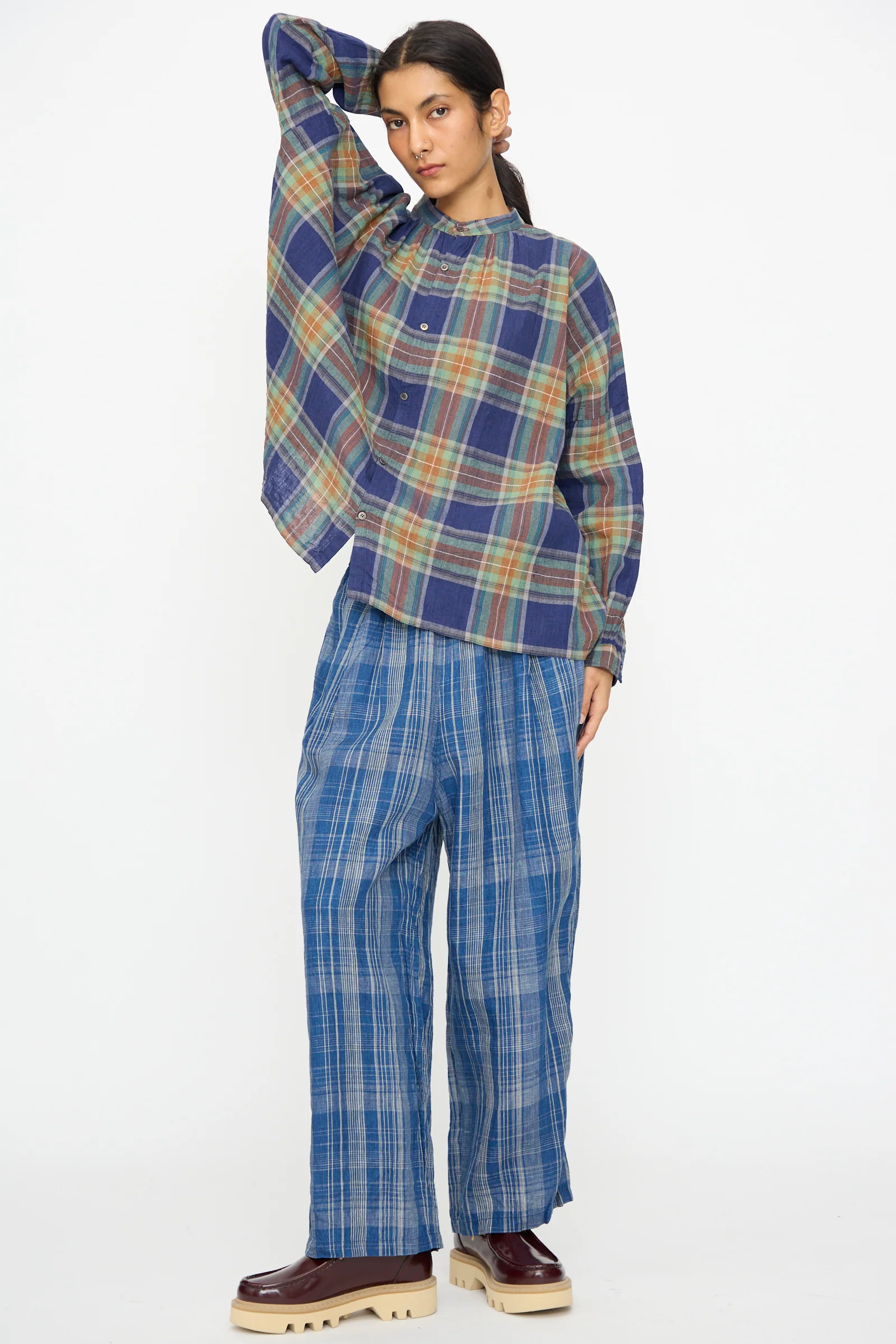 Linen Cotton Tartan Shirt in Navy - Image 5