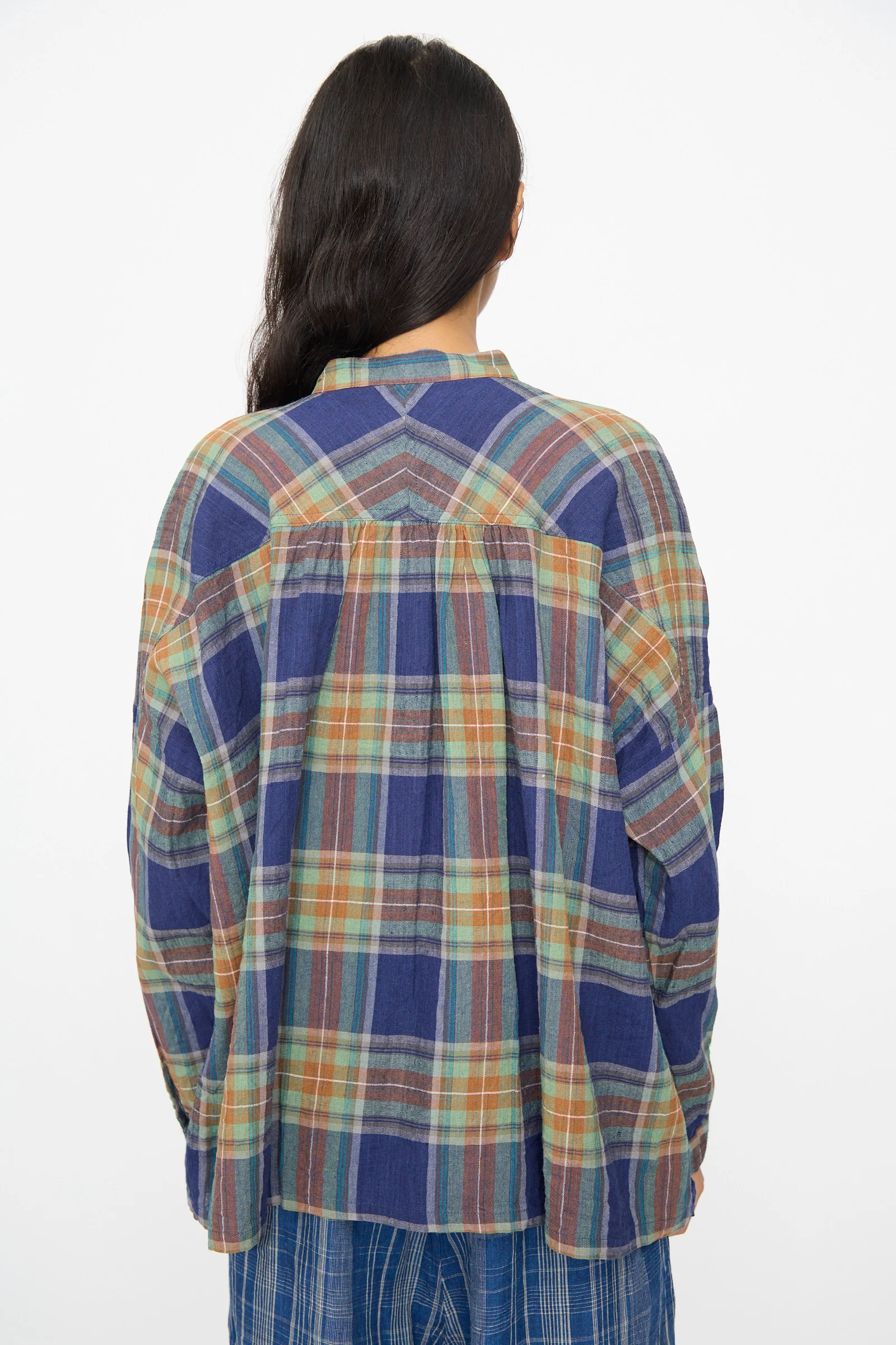 Linen Cotton Tartan Shirt in Navy - Image 6