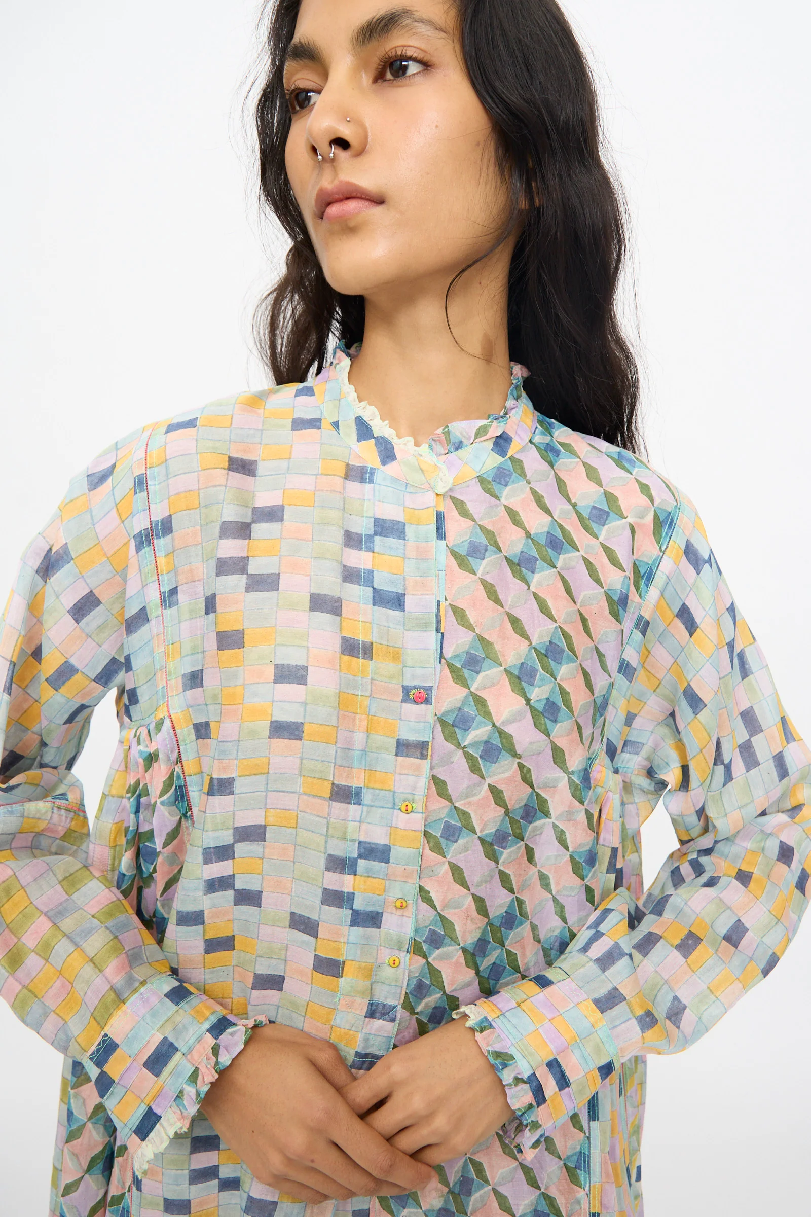 Blockprint Chanderi Trumpet Dress in Blue Yellow Multi - Image 3