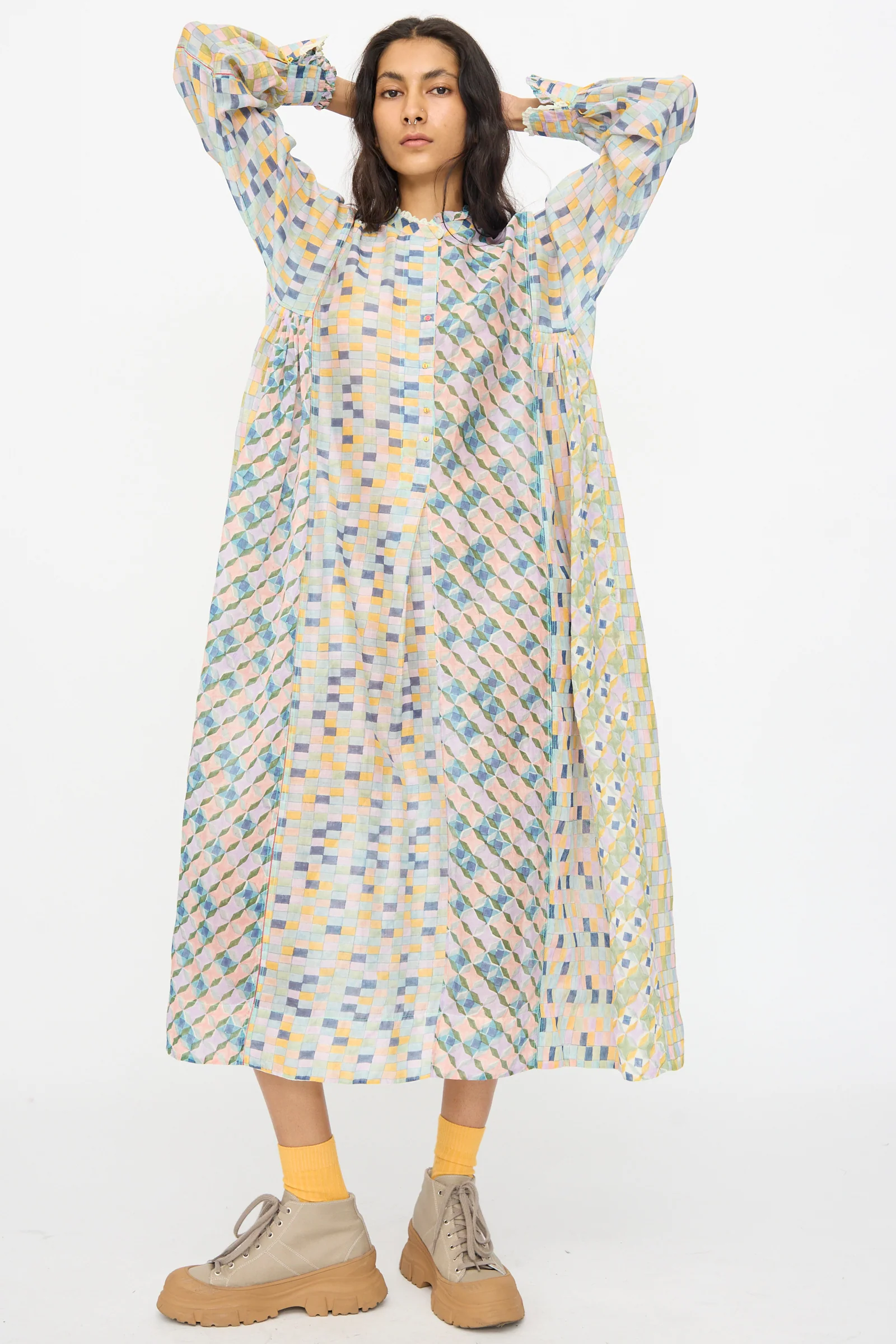 Blockprint Chanderi Trumpet Dress in Blue Yellow Multi - Image 4