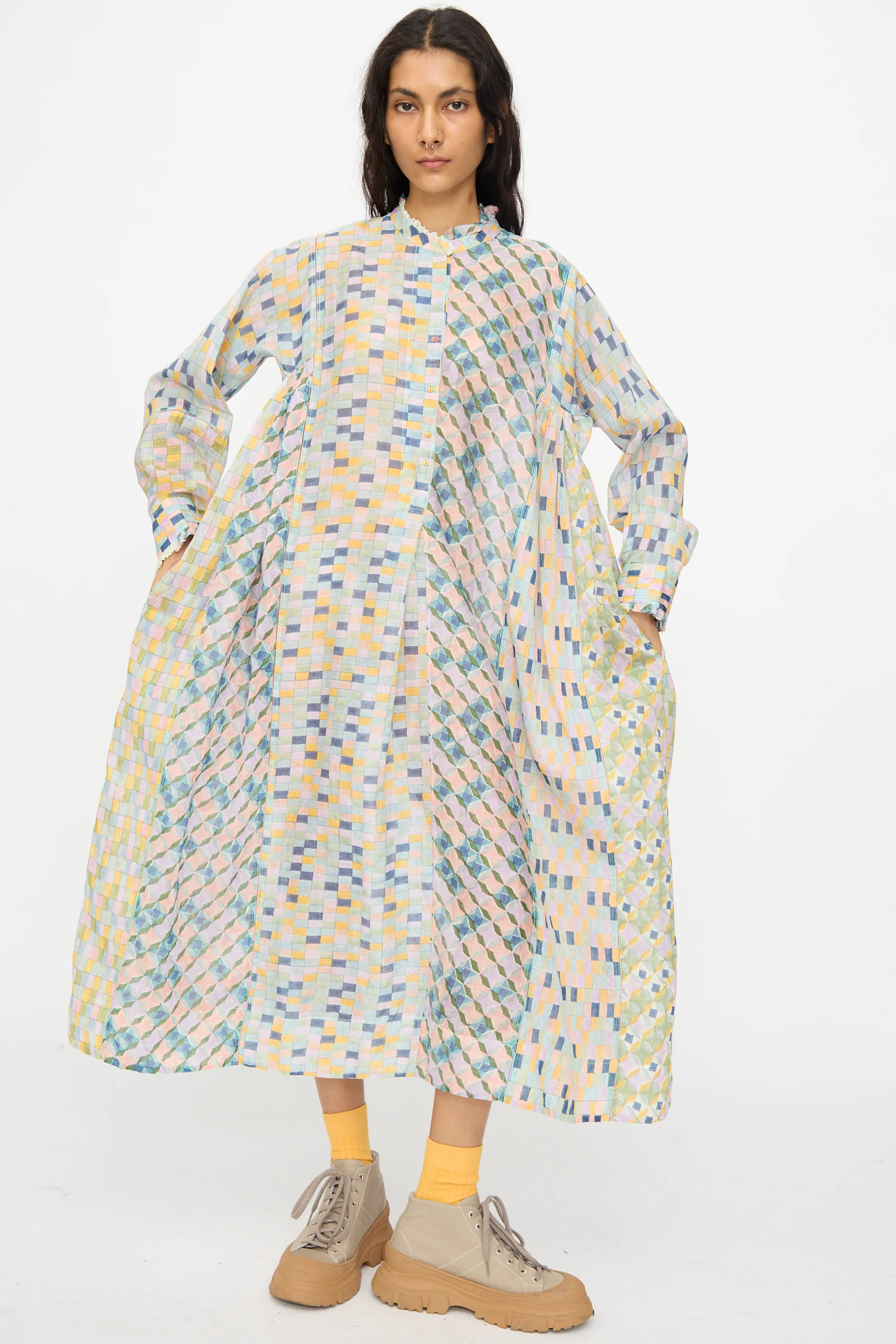 Blockprint Chanderi Trumpet Dress in Blue Yellow Multi - Image 5