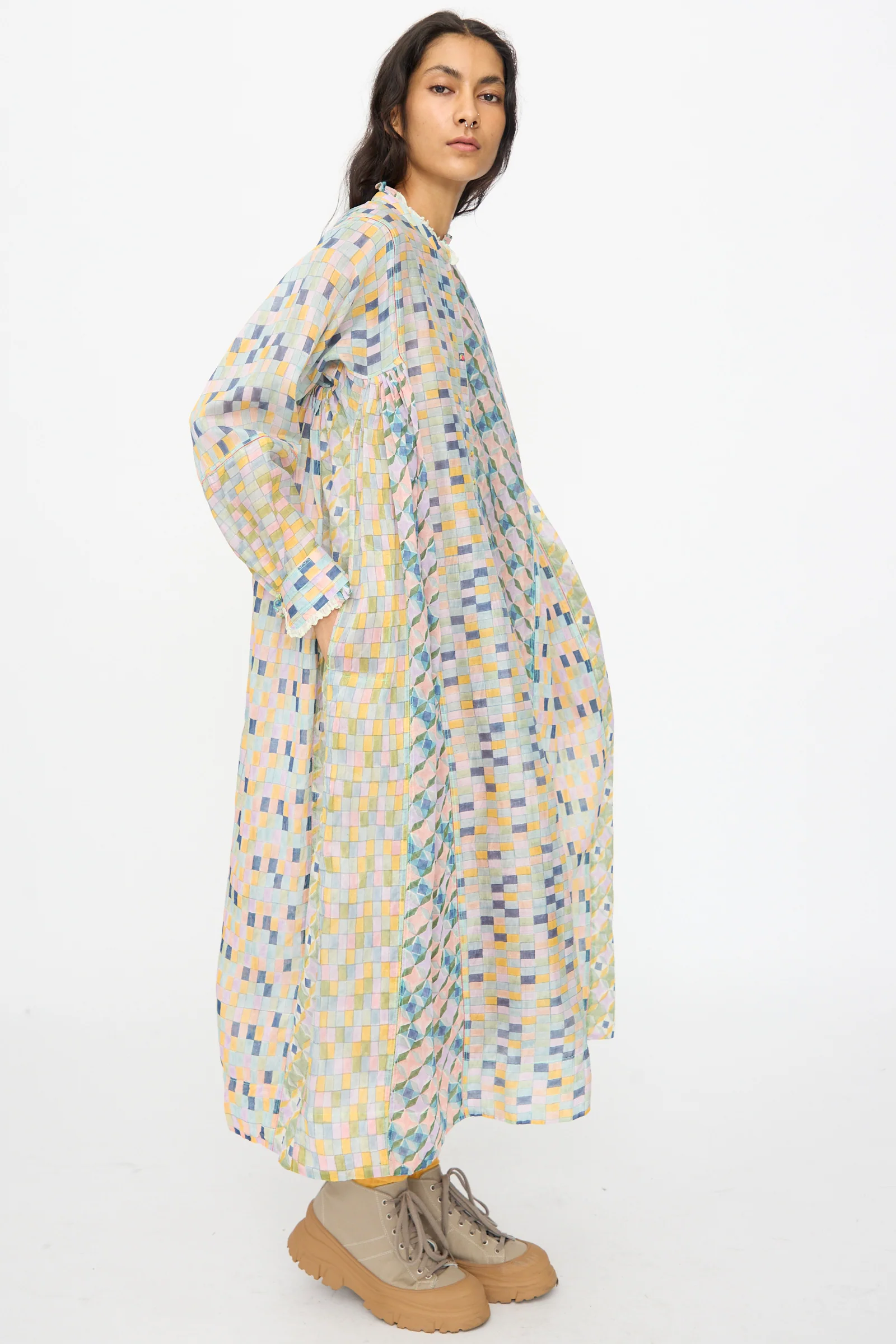 Blockprint Chanderi Trumpet Dress in Blue Yellow Multi - Image 6