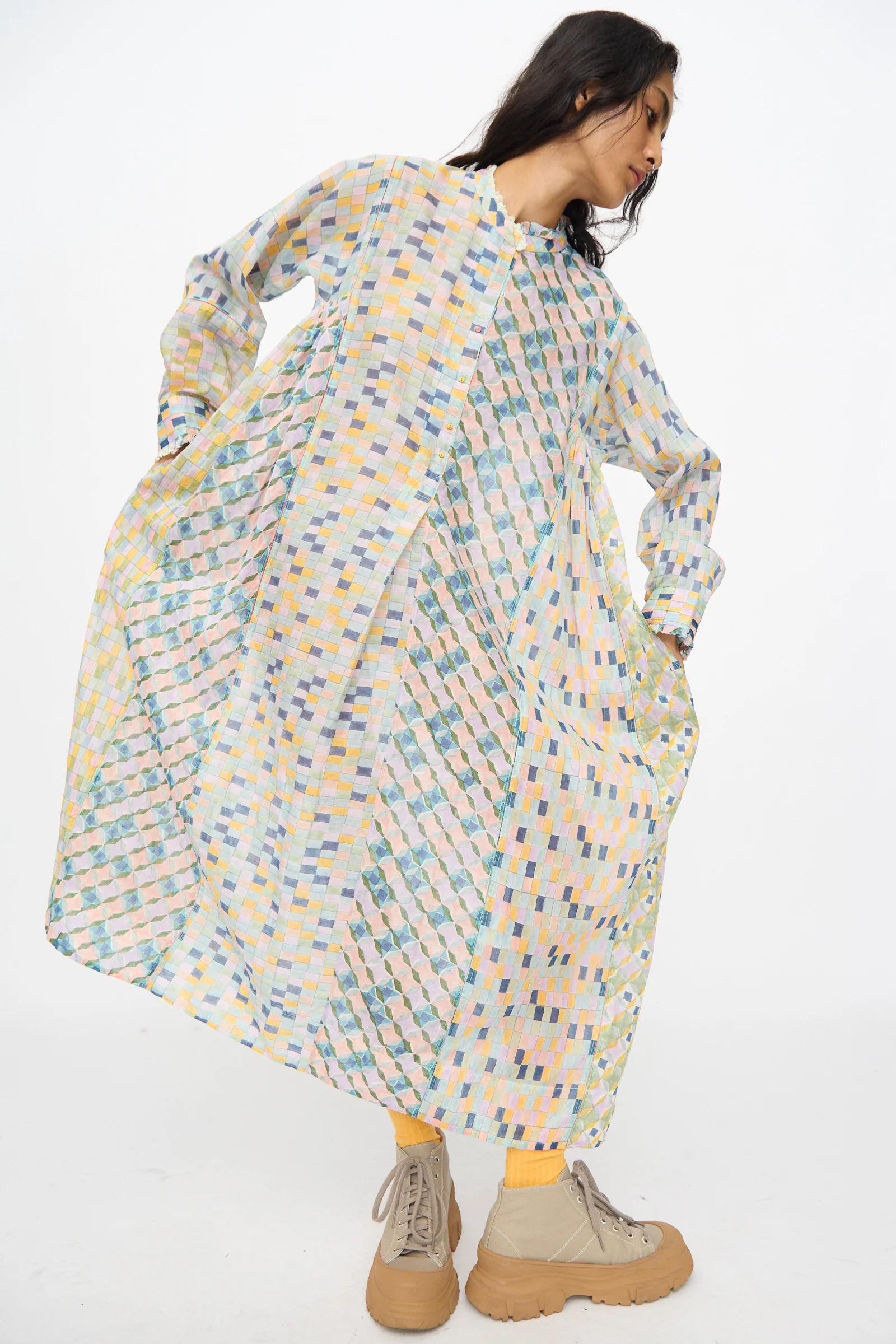 Blockprint Chanderi Trumpet Dress in Blue Yellow Multi - Image 7