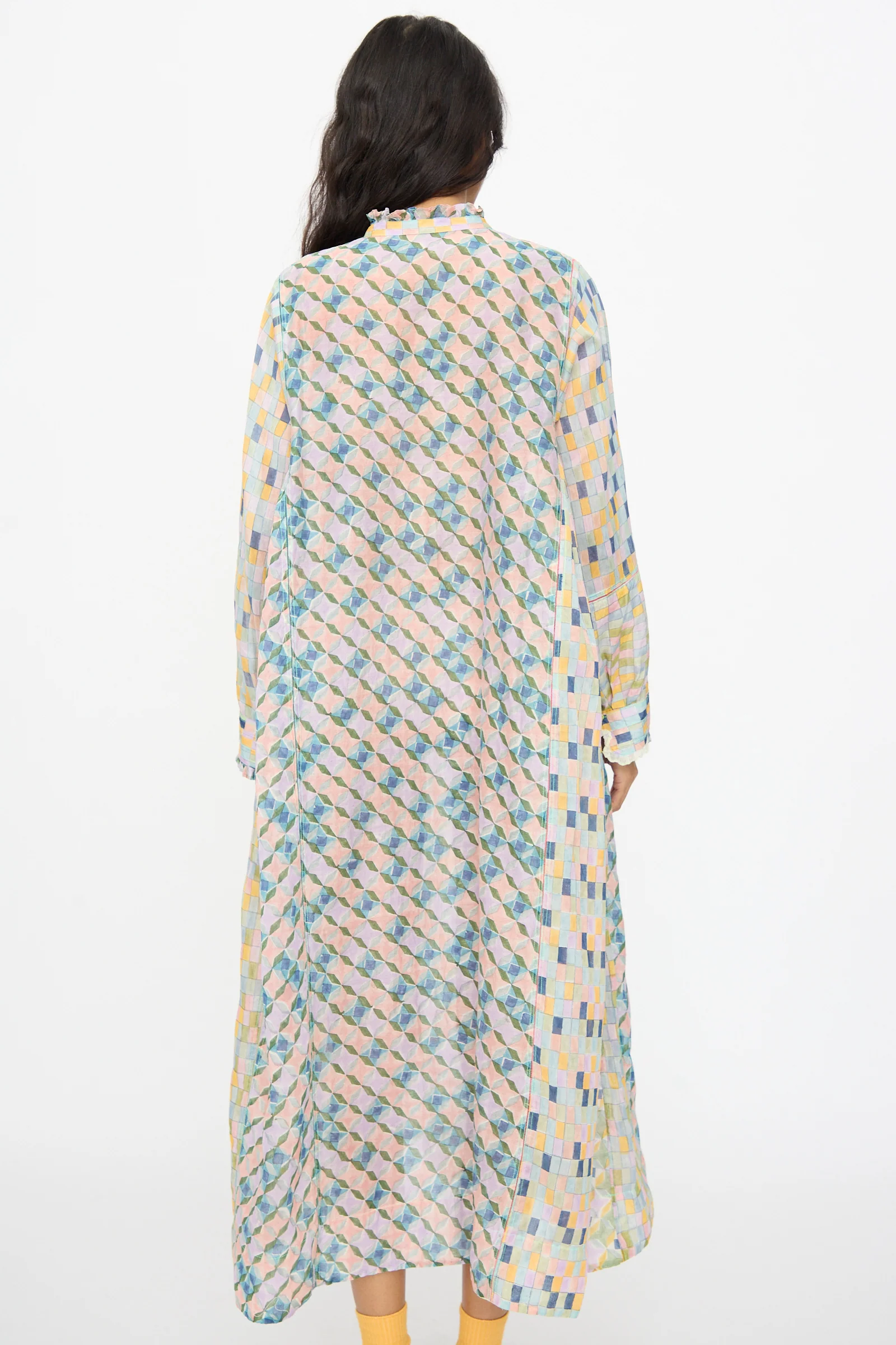 Blockprint Chanderi Trumpet Dress in Blue Yellow Multi - Image 8