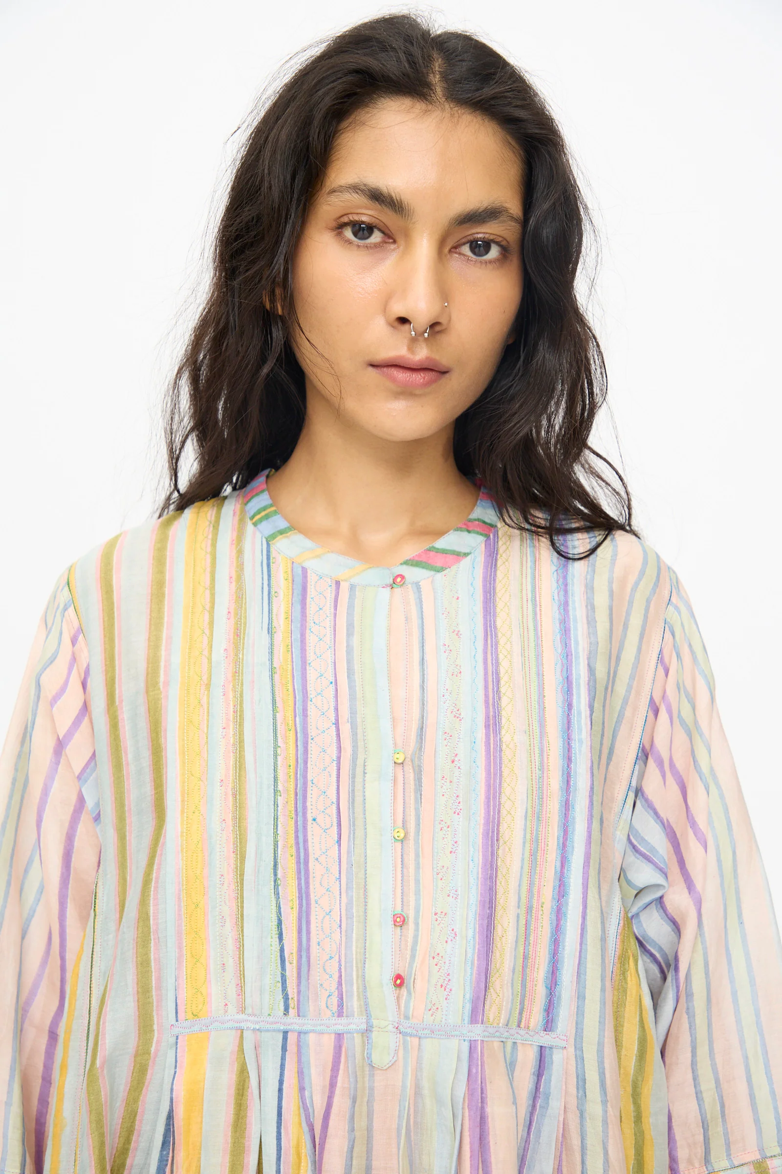 Blockprint Chanderi Trumpet Dress in Multi Stripe - Image 3