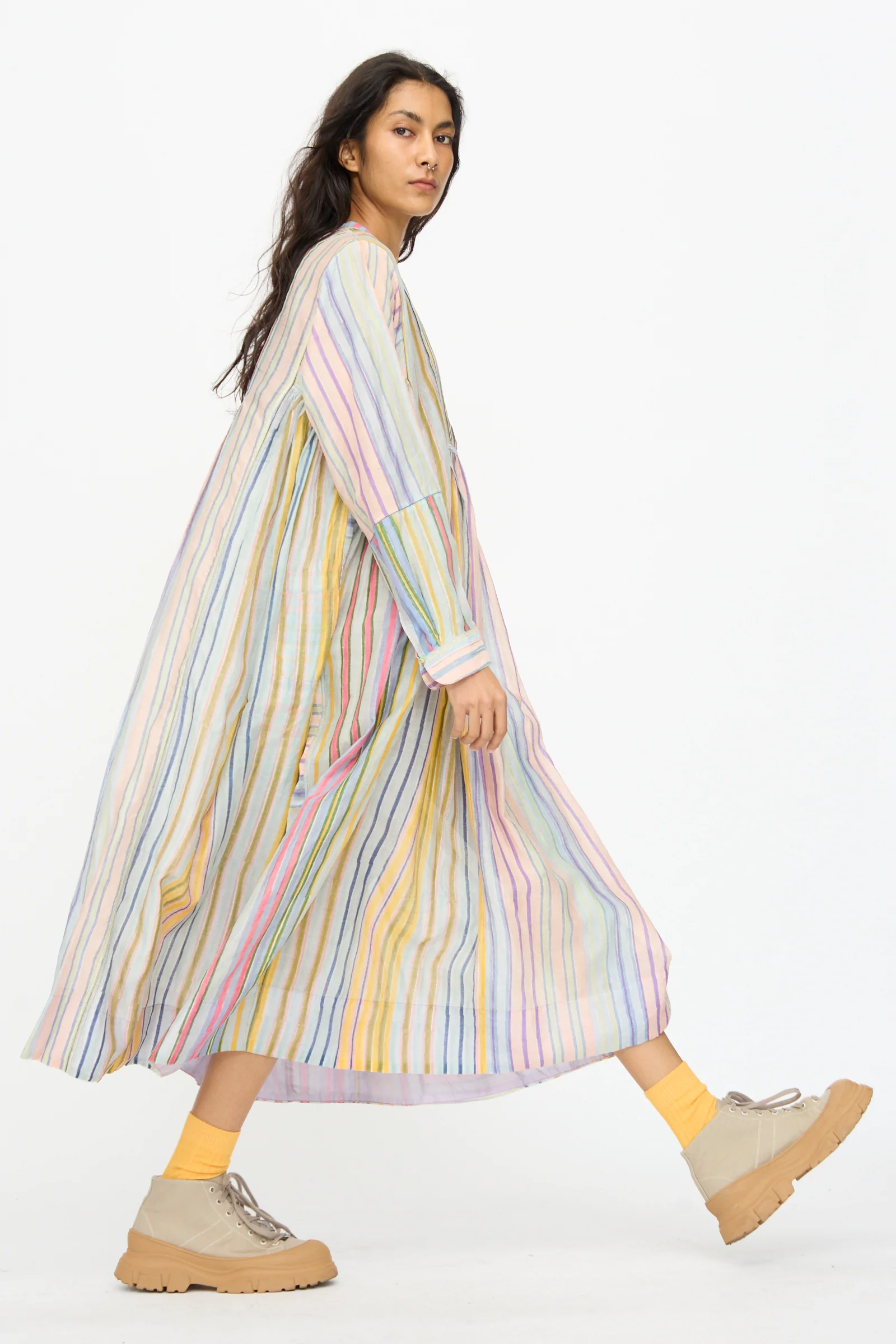 Blockprint Chanderi Trumpet Dress in Multi Stripe - Image 4
